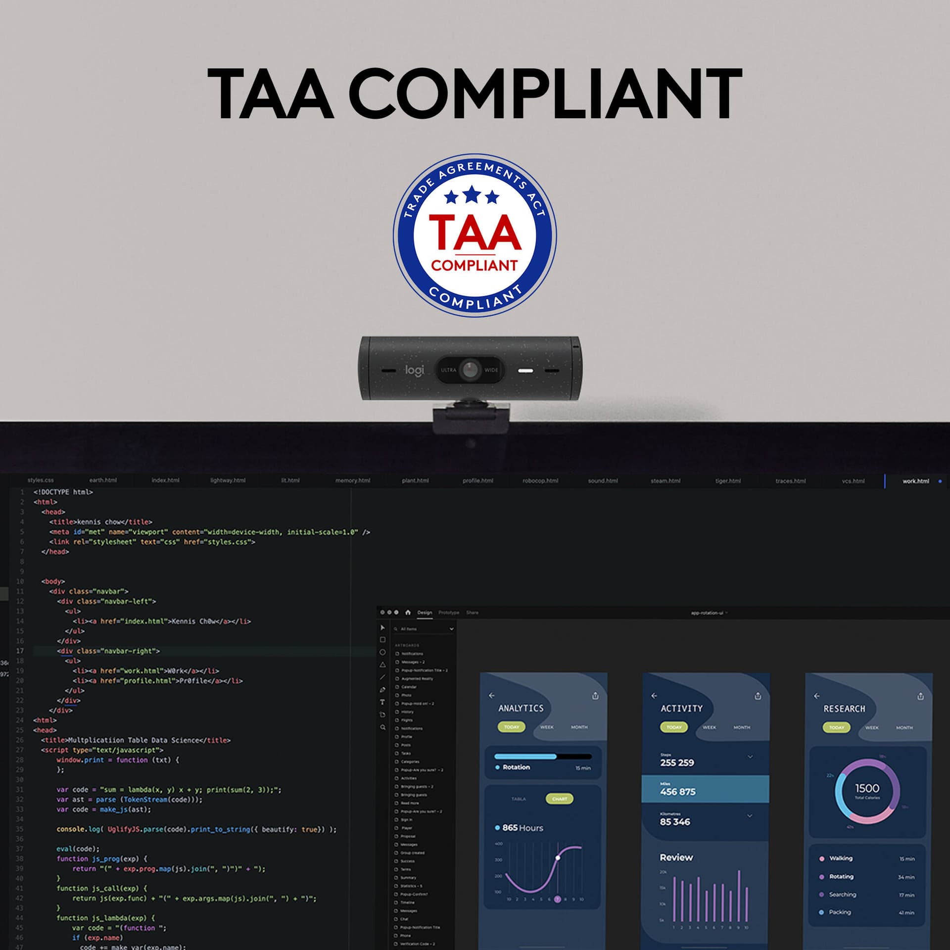 Logitech Brio 505 TAA-compliant graphite webcam for business video conferencing
