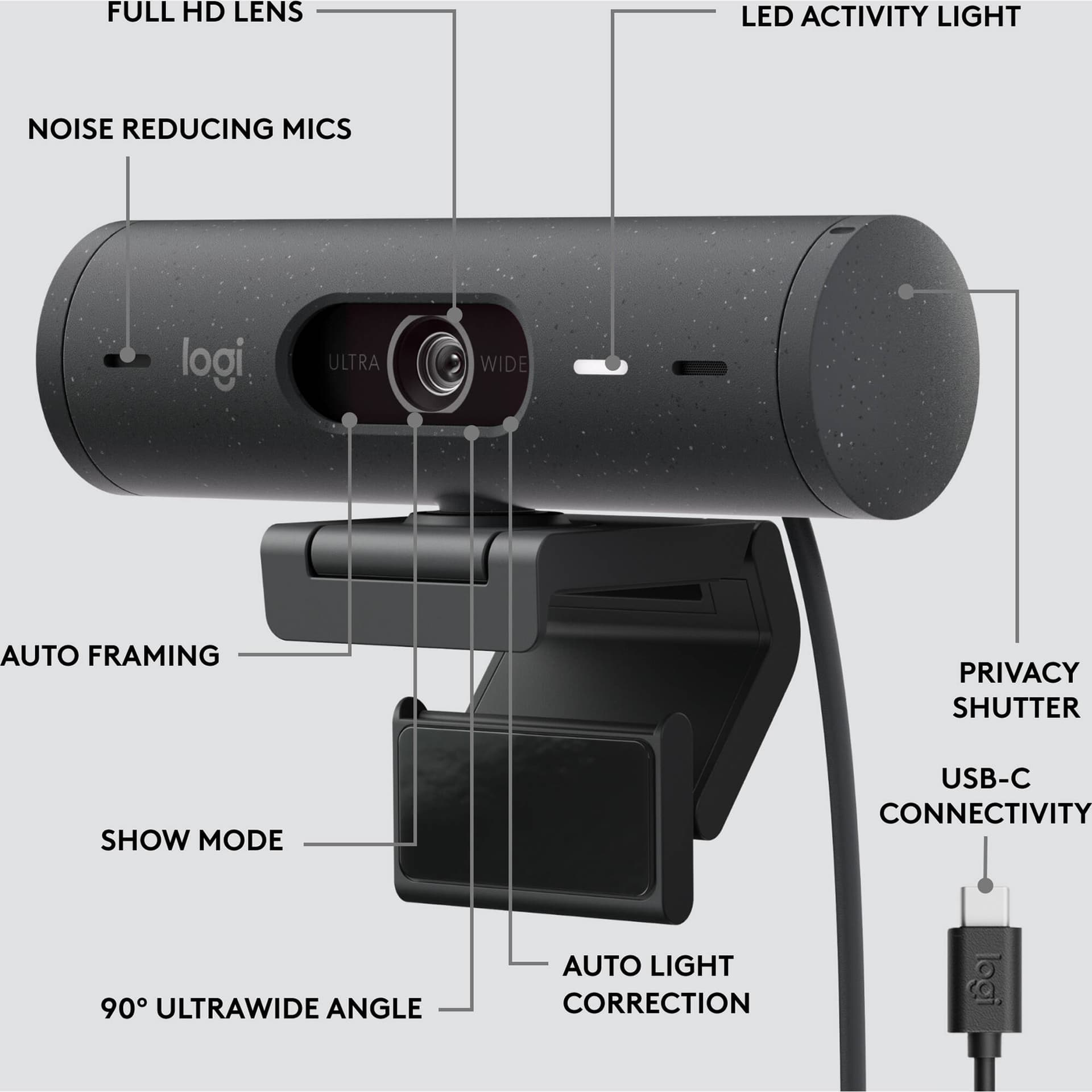 Logitech Brio 505 TAA-compliant graphite webcam for business video conferencing