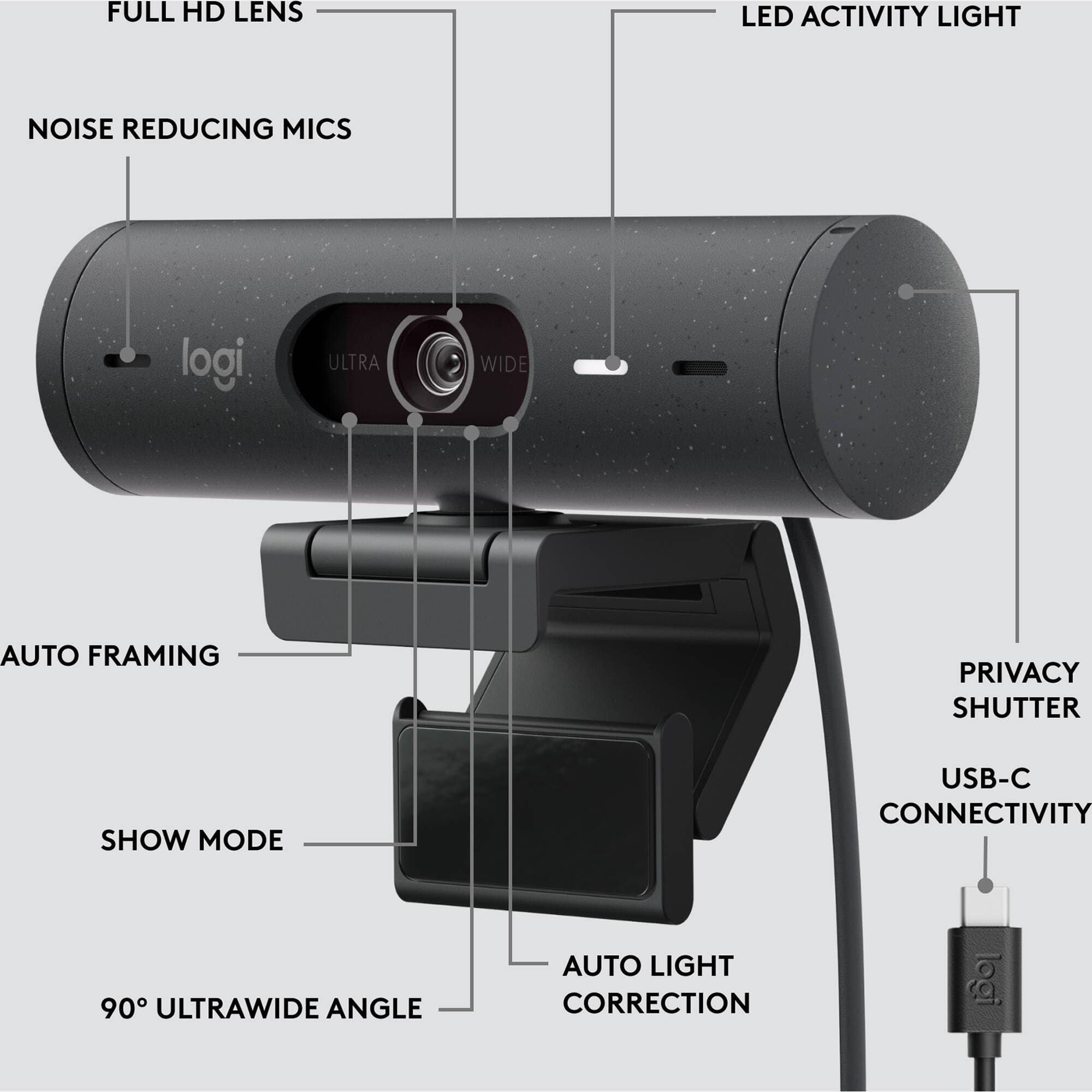 Logitech Brio 505 TAA-compliant graphite webcam for business video conferencing