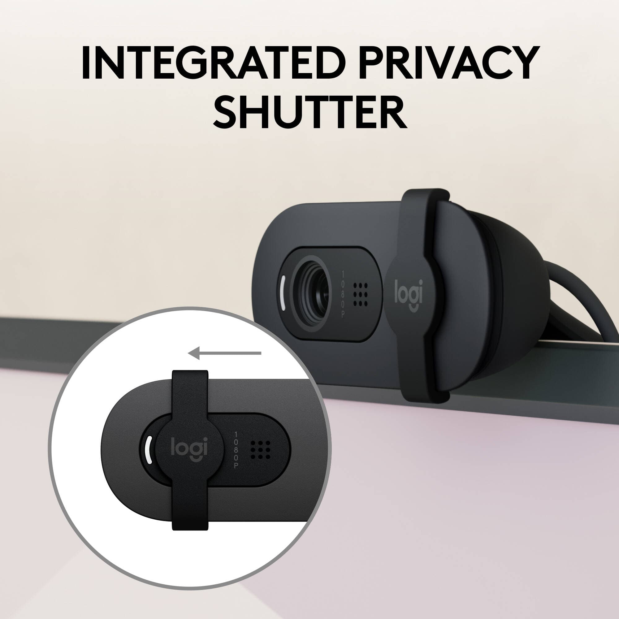 Logitech Brio 100 webcam in graphite with privacy shutter and clip-on mount