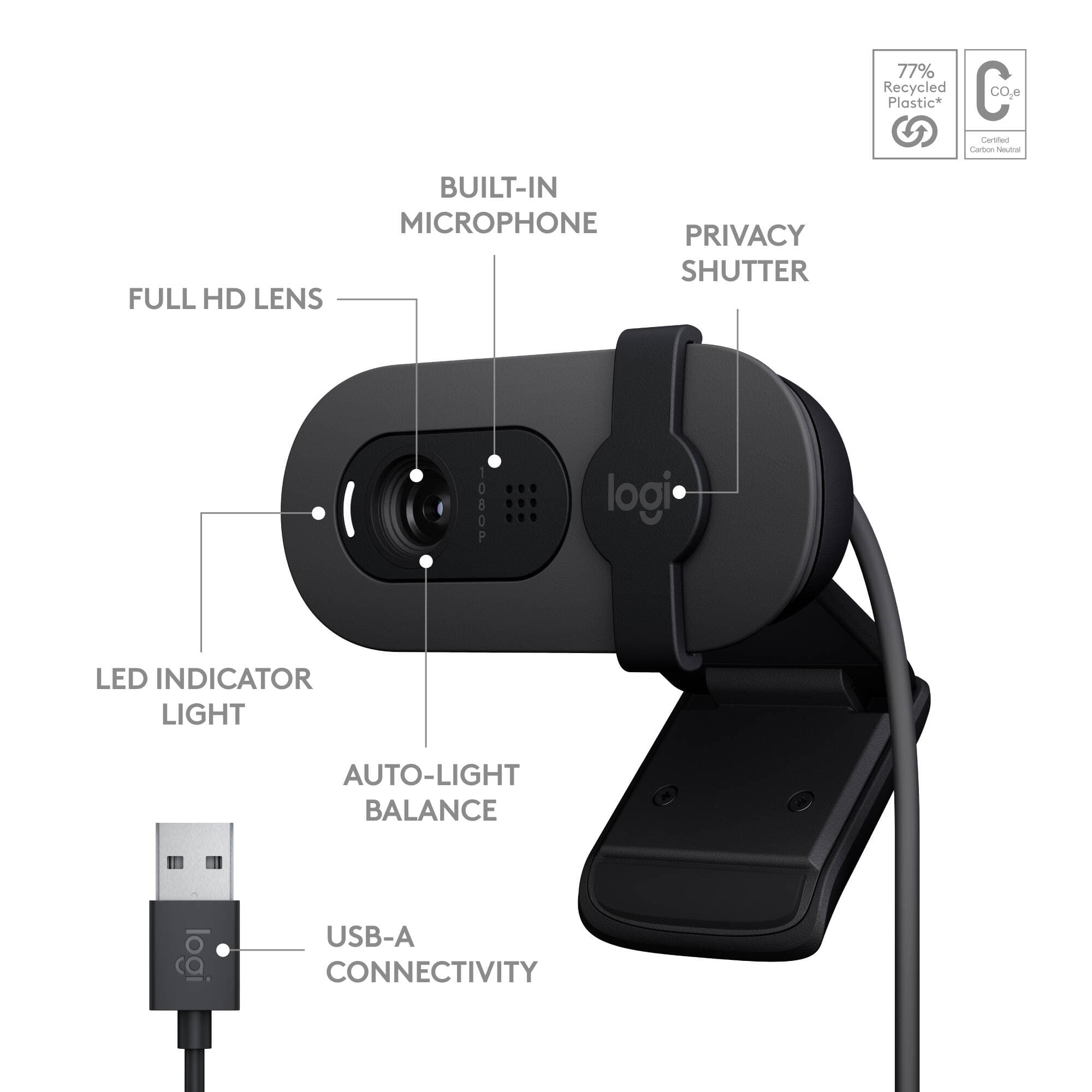 Logitech Brio 100 webcam in graphite with privacy shutter and clip-on mount