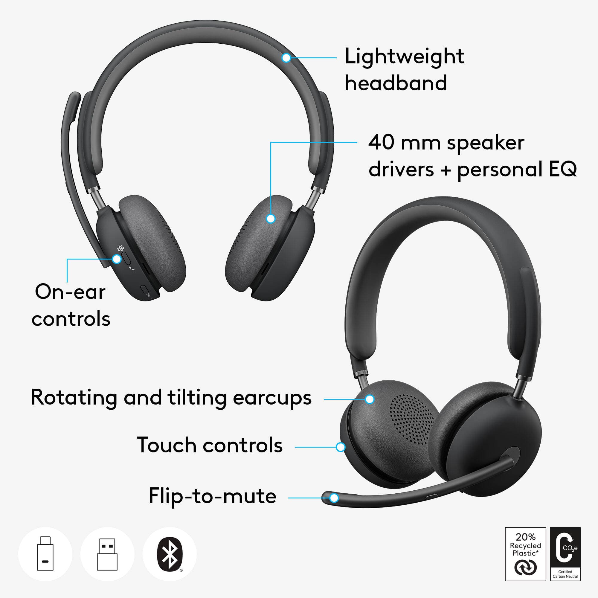 Logitech Zone Wireless 2 Teams graphite wireless headset with boom microphone