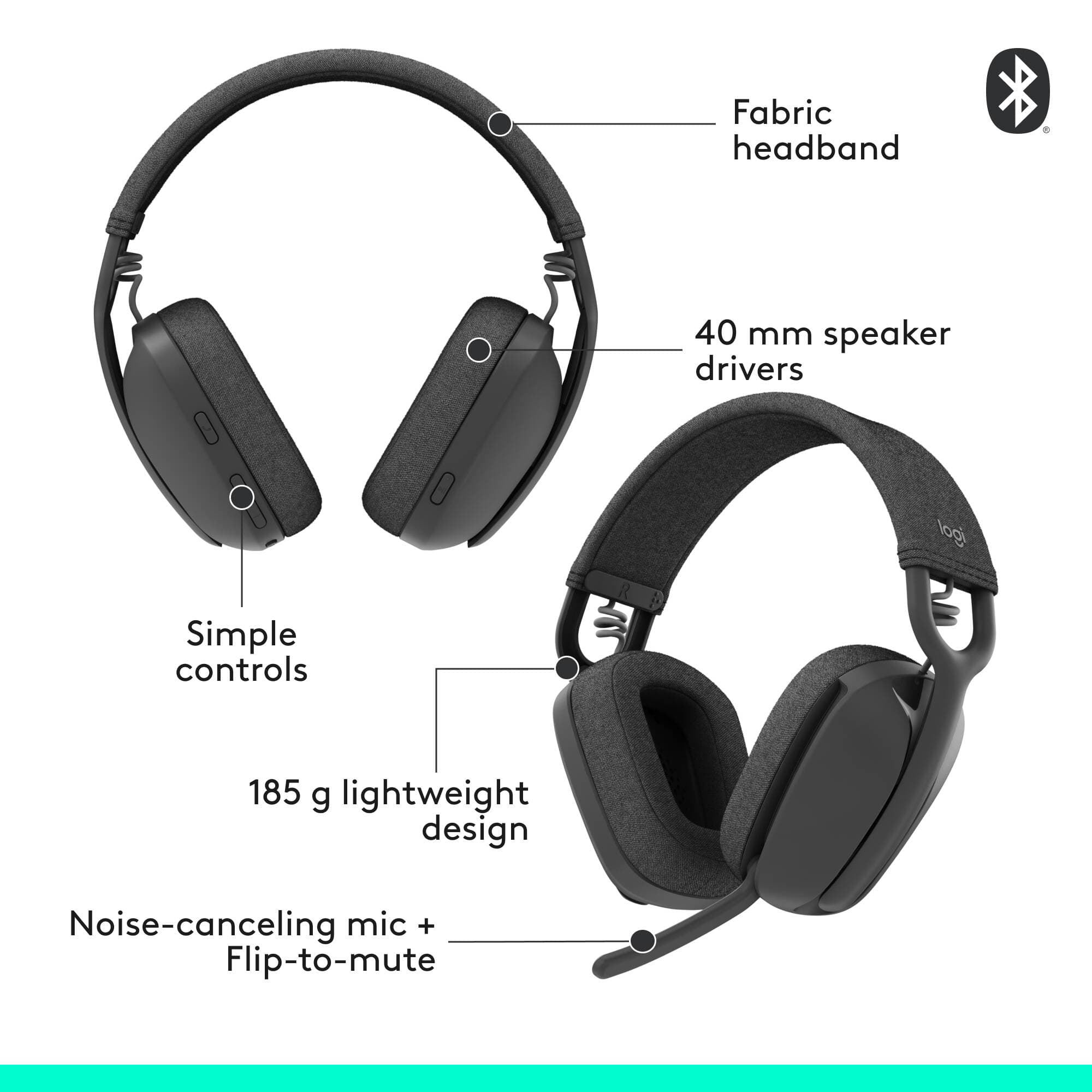 Logitech Zone Vibe 100 wireless headset in graphite with over-the-ear binaural design