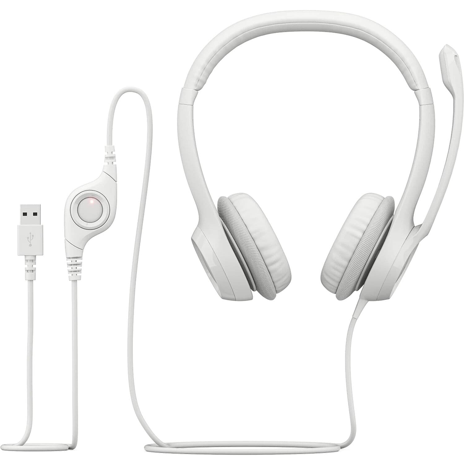 Logitech H390 white USB wired computer headset with over-ear design and boom microphone
