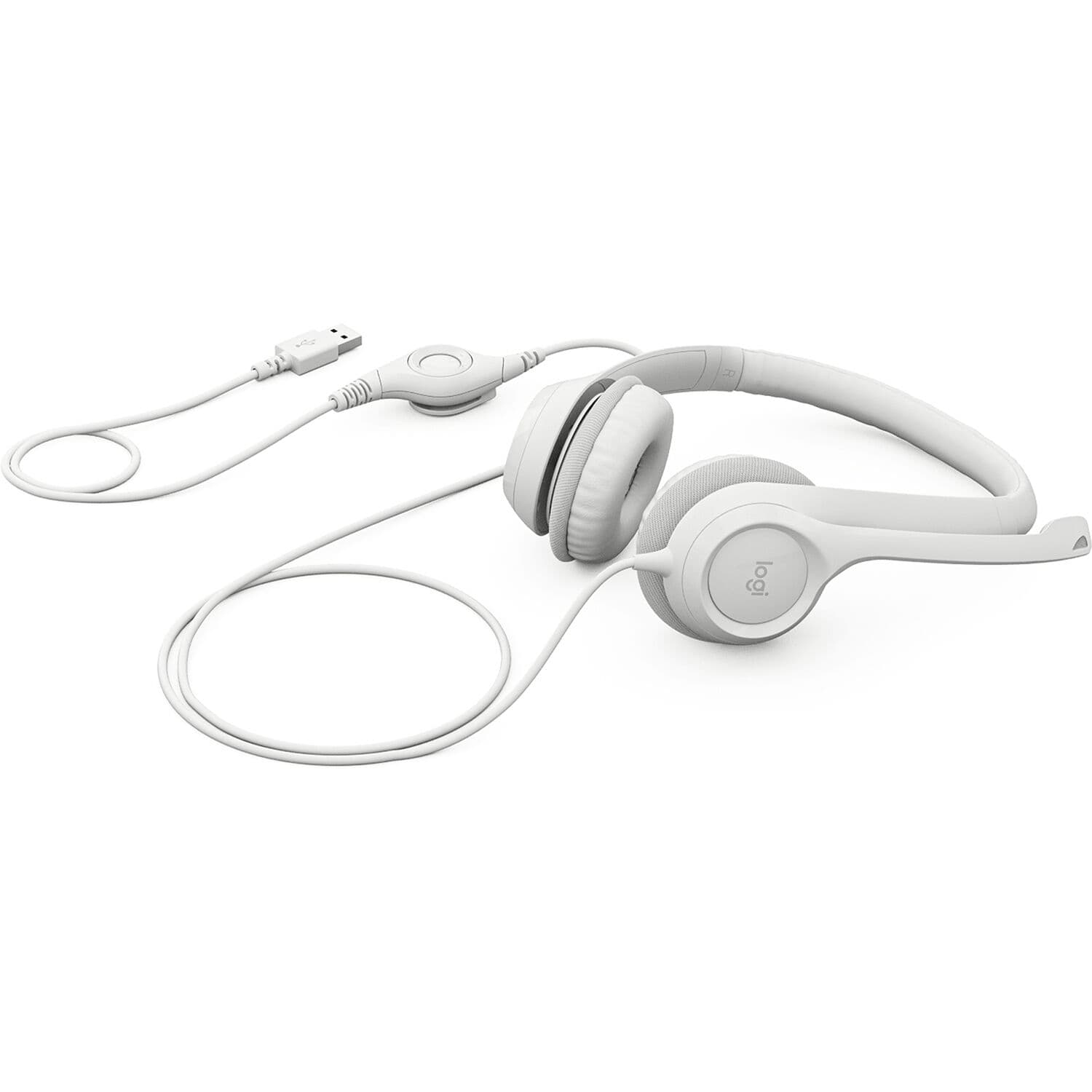 Logitech H390 white USB wired computer headset with over-ear design and boom microphone