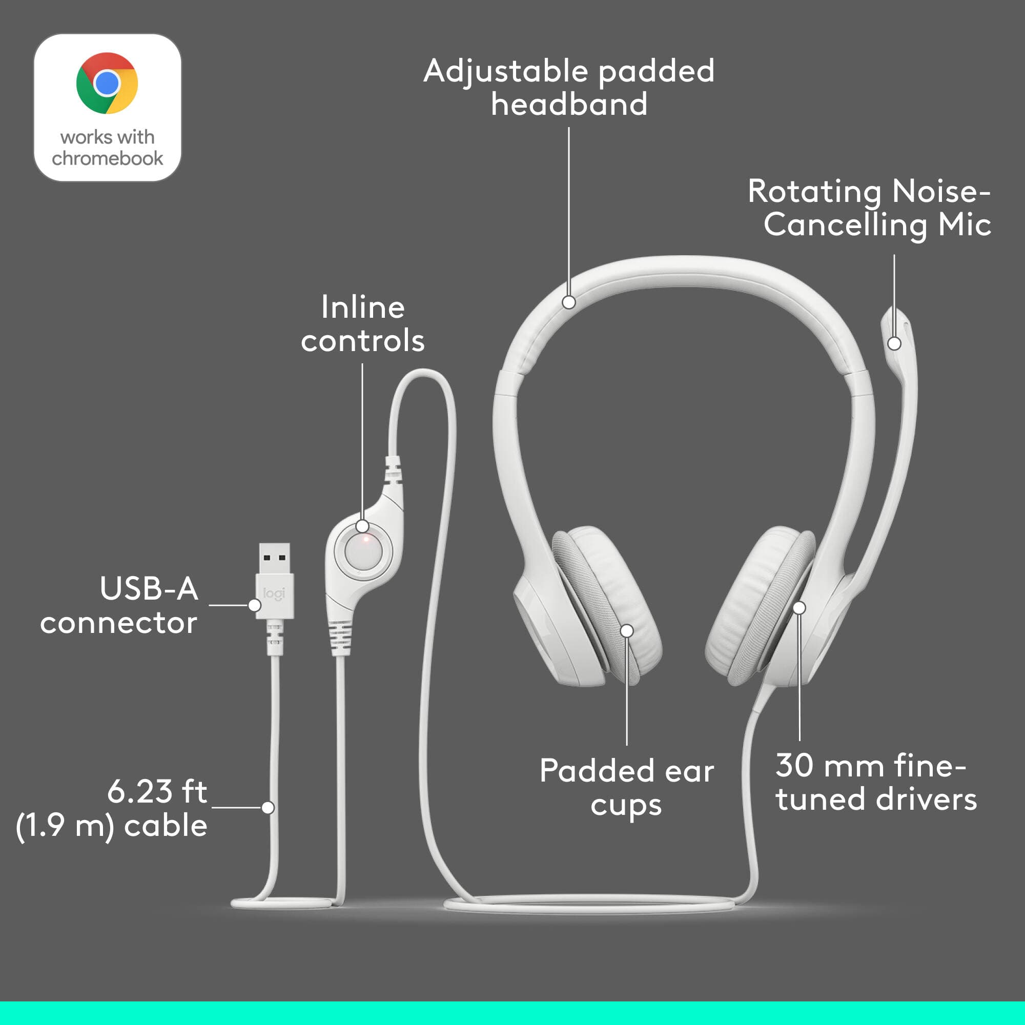 Logitech H390 white USB wired computer headset with over-ear design and boom microphone