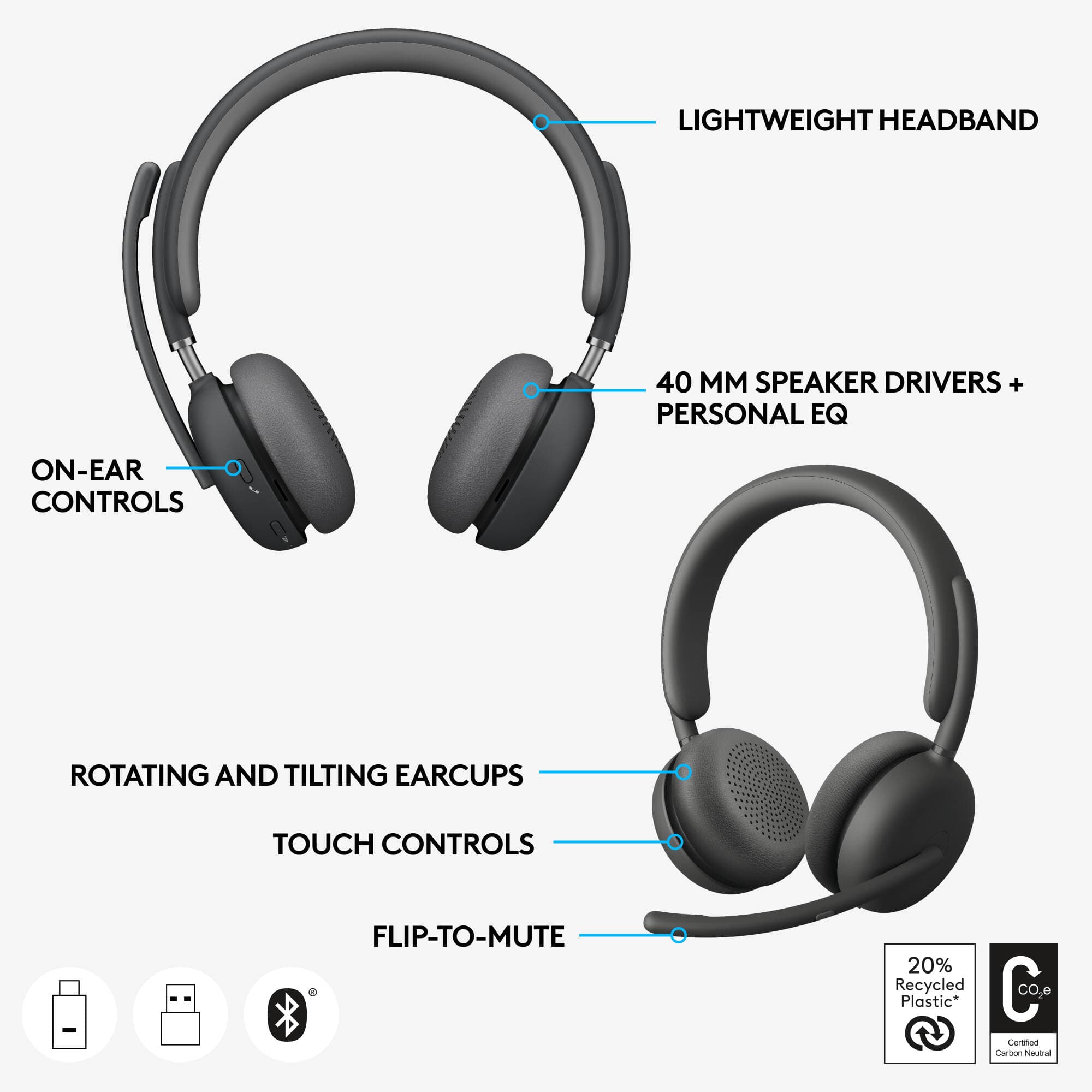 Logitech Zone 950 wireless headset in graphite with over-ear design and boom microphone