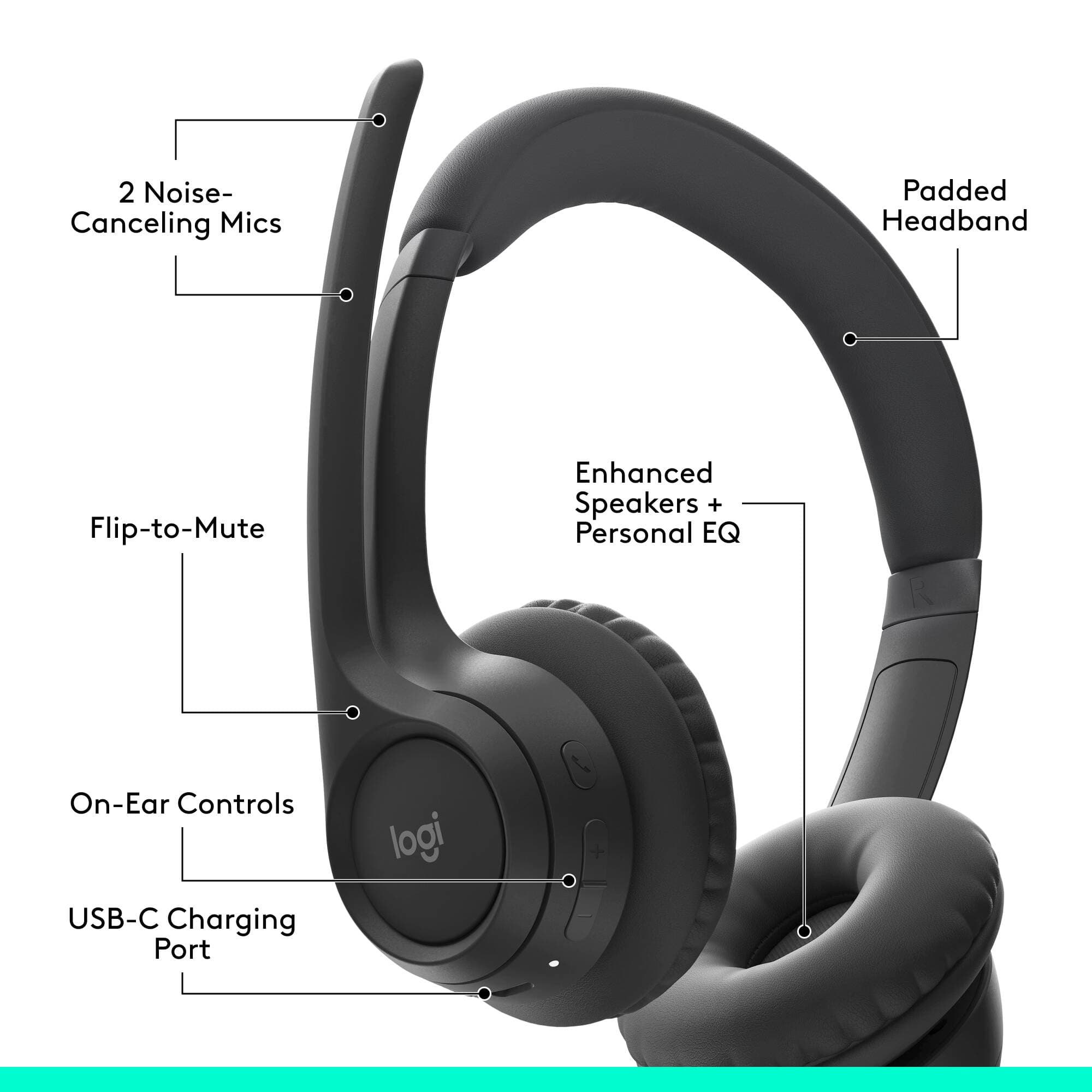 Logitech Zone 300 wireless headset in black with on-ear design and boom microphone