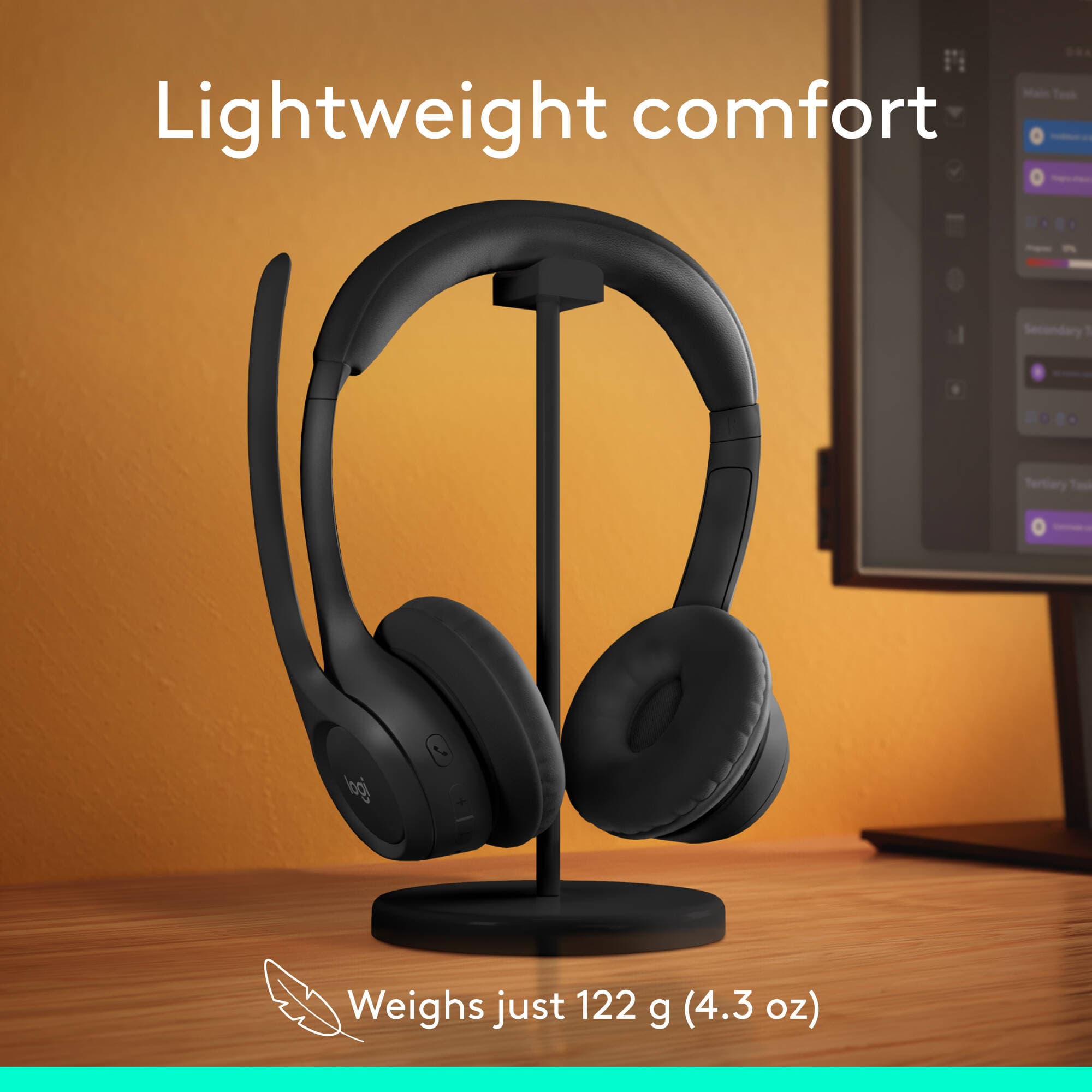 Logitech Zone 300 wireless headset in black with on-ear design and boom microphone