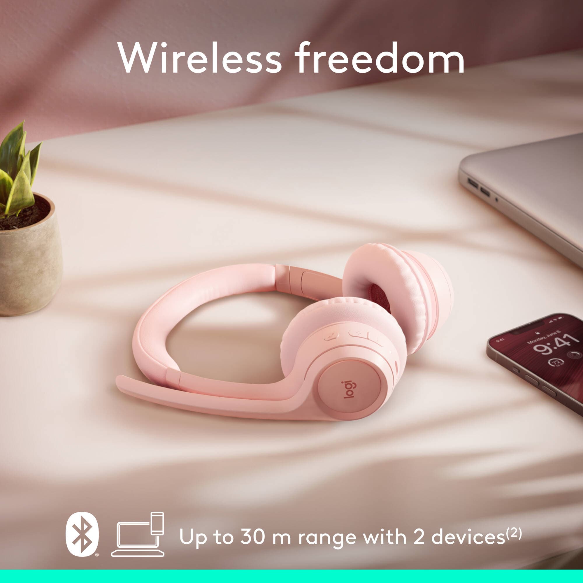 Logitech Zone 300 wireless headset in Rose with on-ear design and boom microphone