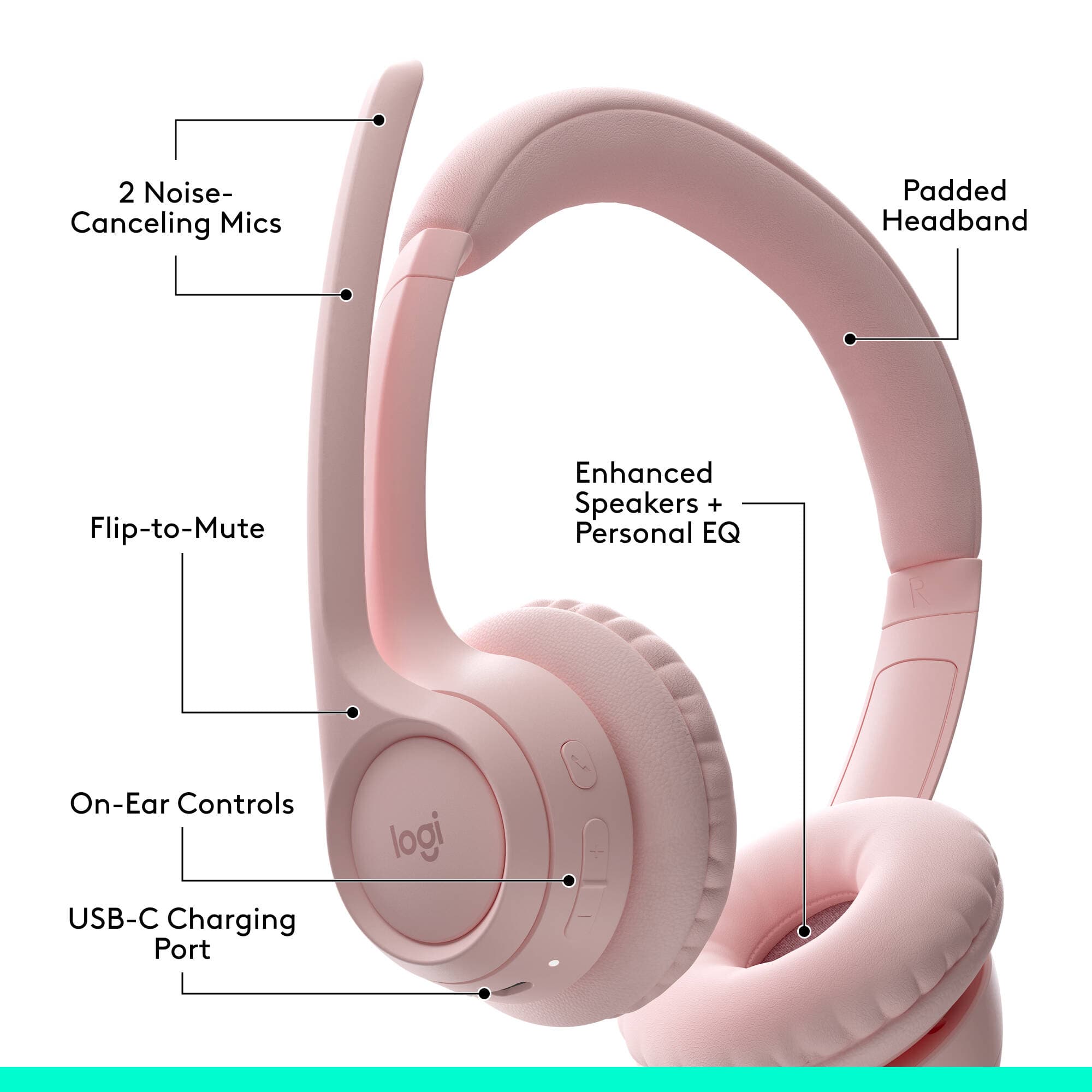 Logitech Zone 300 wireless headset in Rose with on-ear design and boom microphone