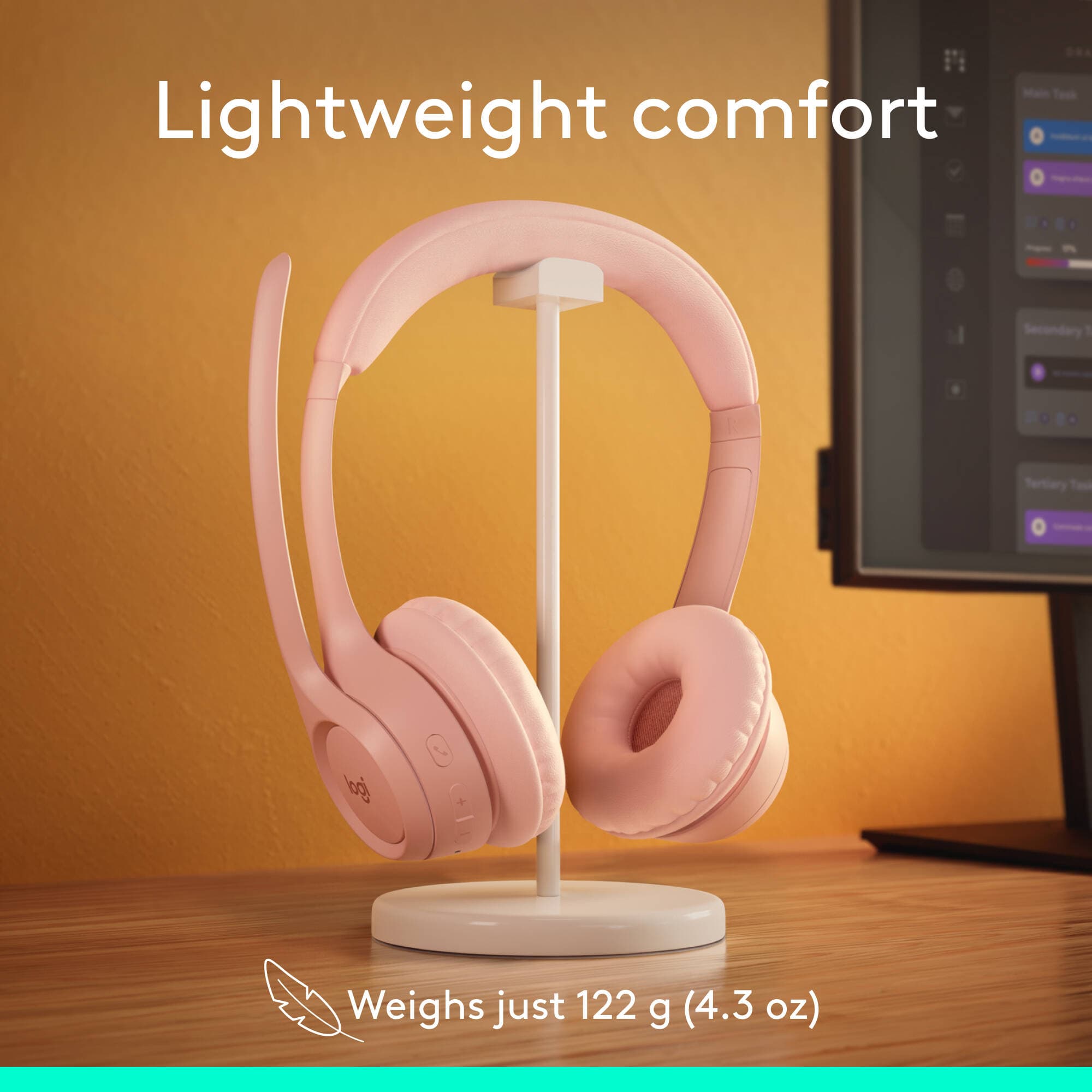 Logitech Zone 300 wireless headset in Rose with on-ear design and boom microphone