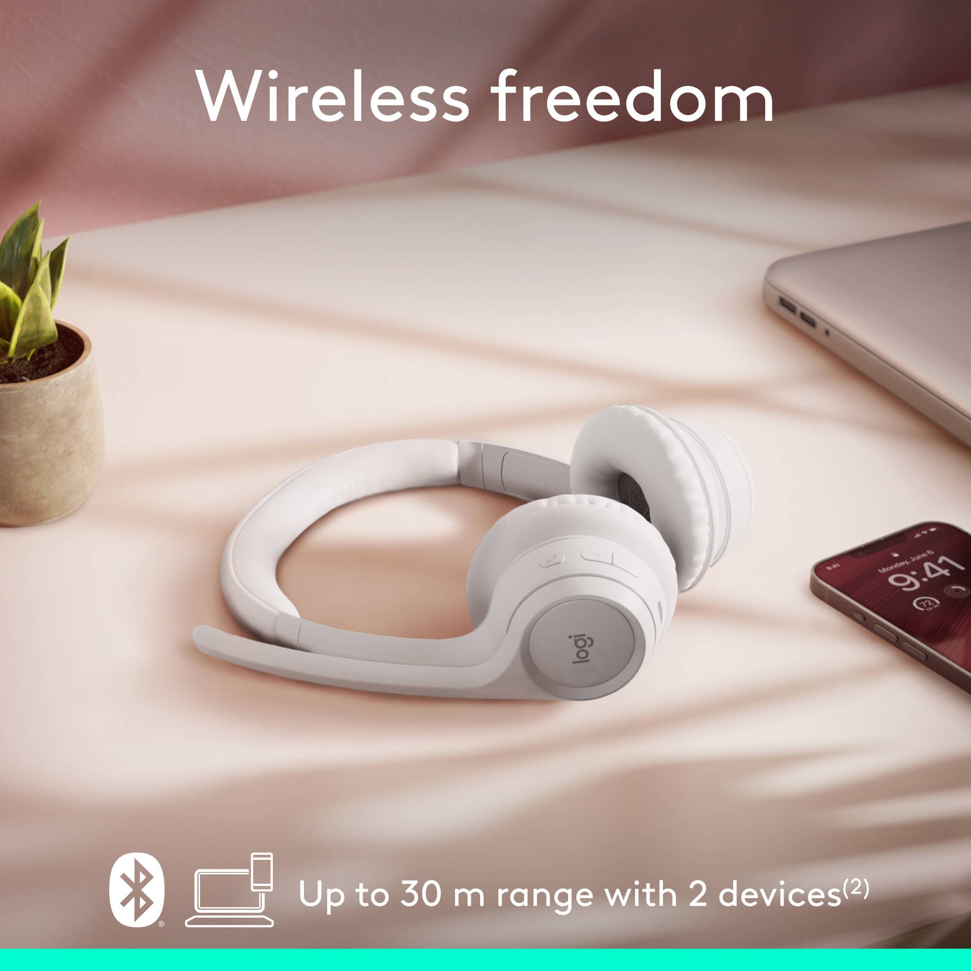 Logitech Zone 300 Wireless Headset in Off White with Bluetooth connectivity and boom microphone