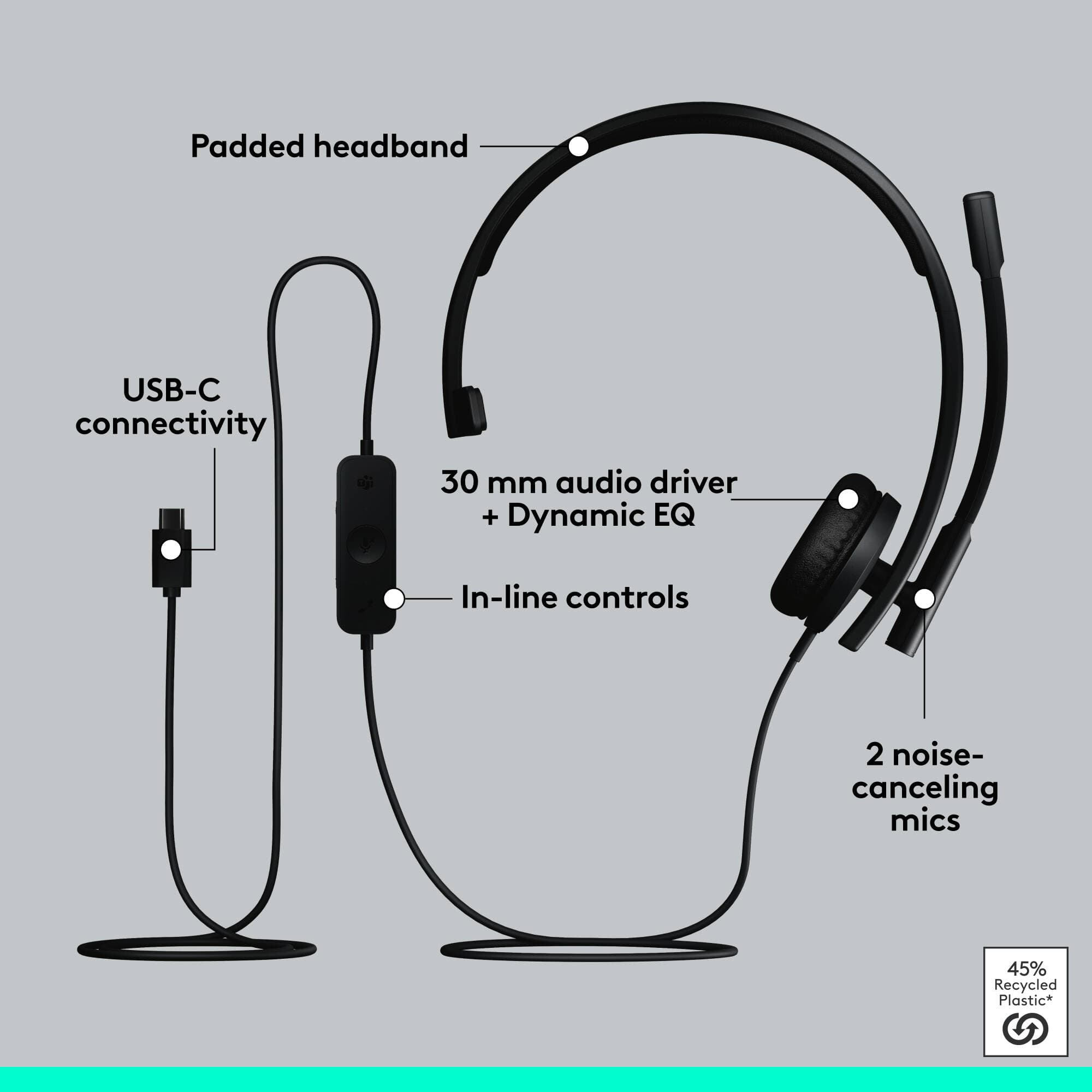 Logitech H570e Teams USB-C mono wired headset with boom microphone