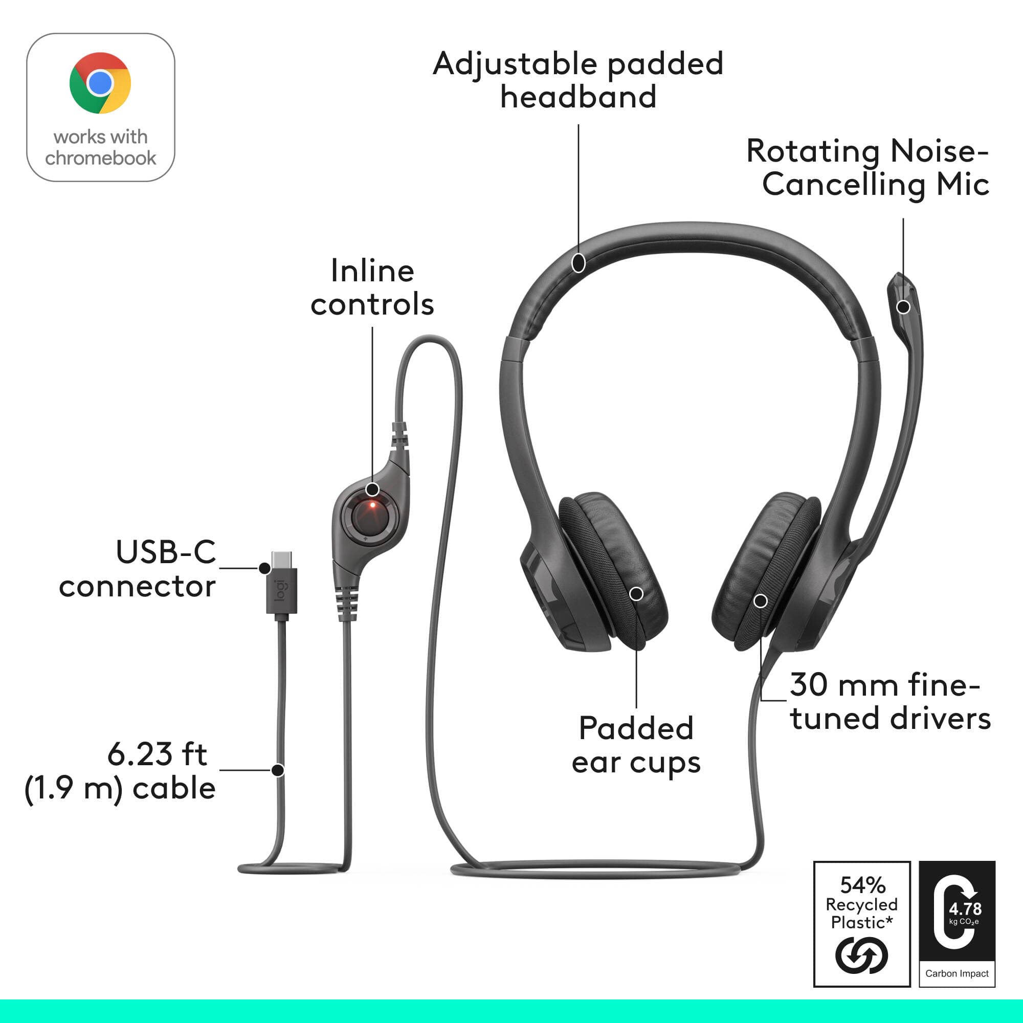 Logitech H390 USB-C wired computer headset in black with boom microphone