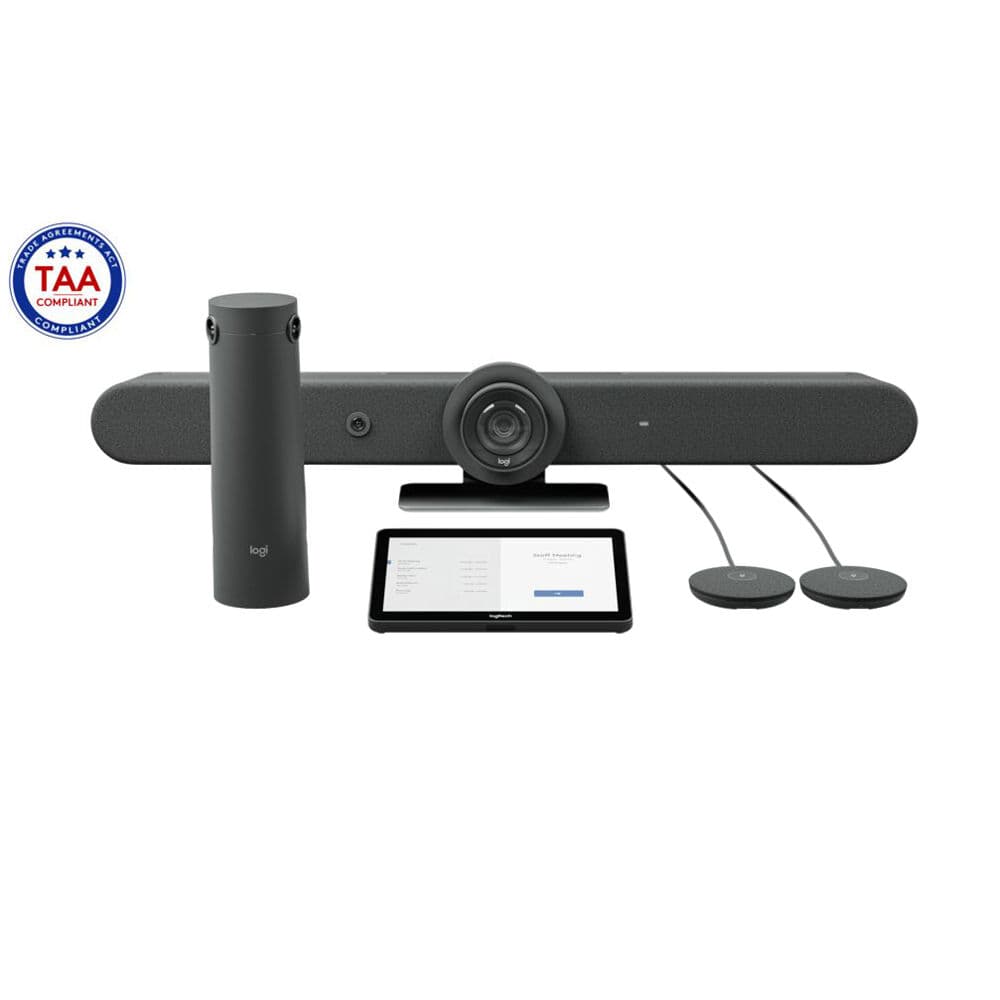 Logitech RallyBar, Tap Cat5e, Sight, and microphones conference room bundle for hybrid meetings