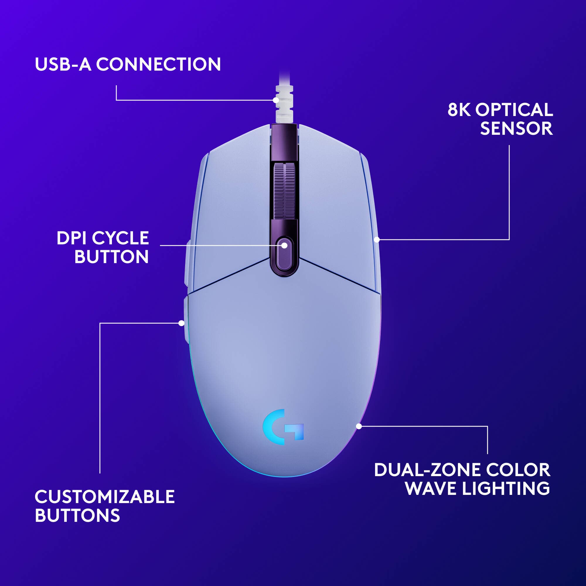 G203 LTSYNC Gming Mouse Lilac view 6