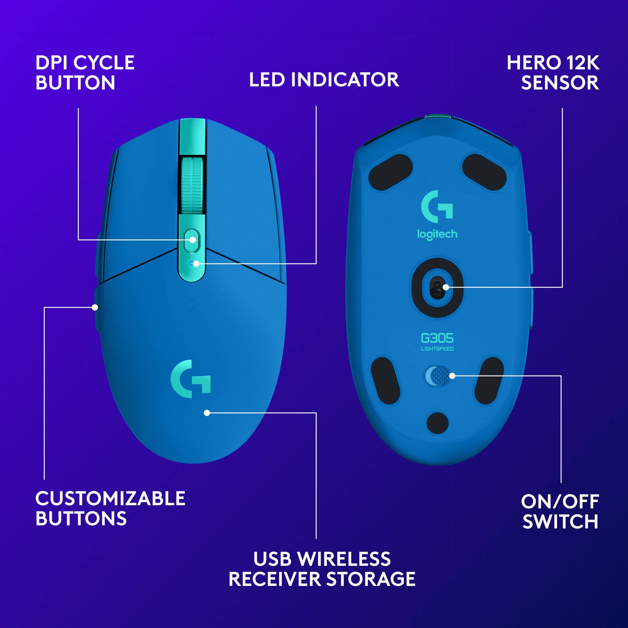 LA G305 LIGHTSPEED WLS GAMING MSE BLUE view 6