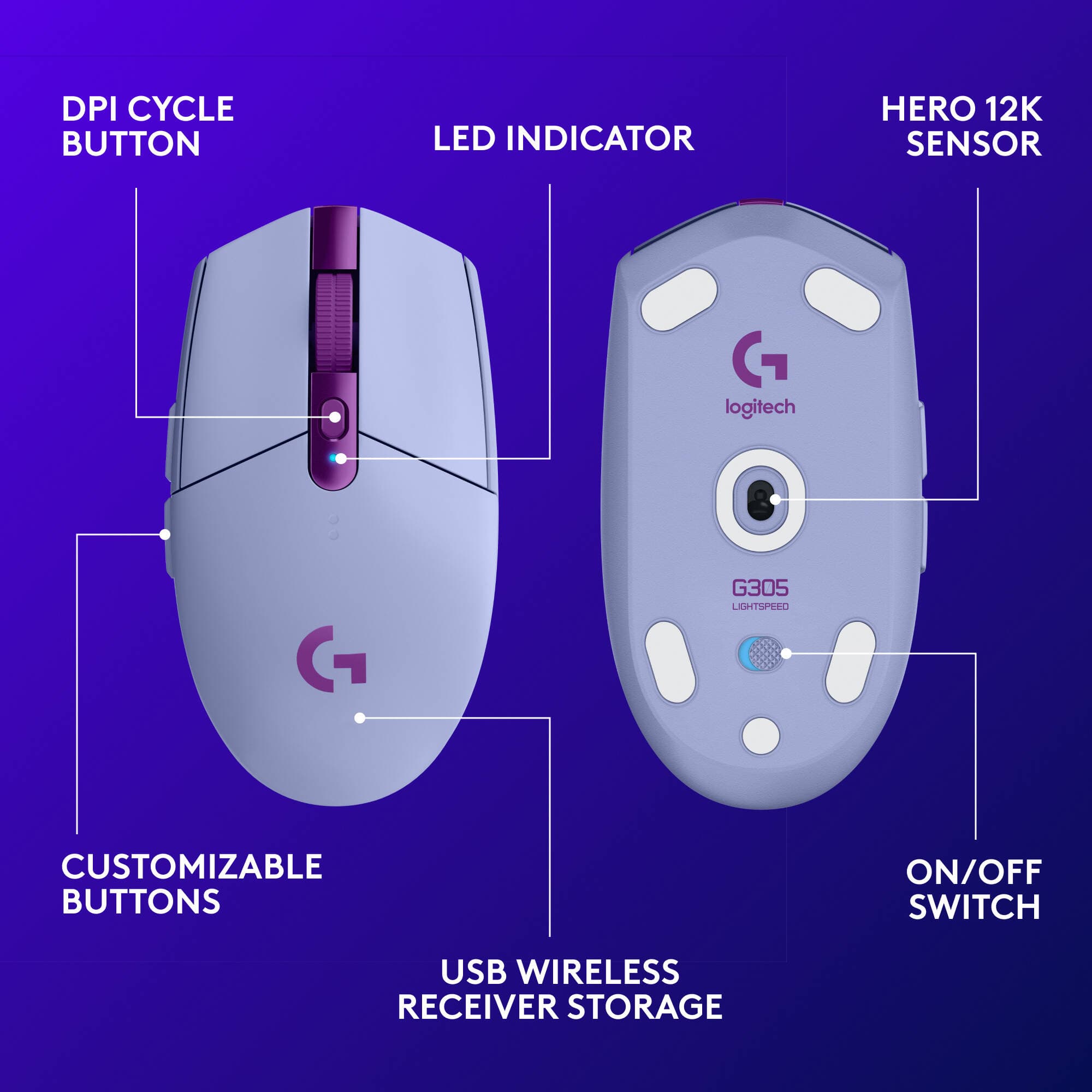 LA G305 LIGHTSPEED WLS GAMING MSE LILAC view 6