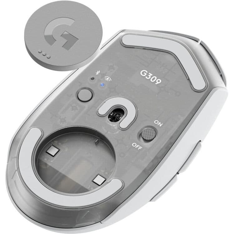 Logitech G309 Lightspeed wireless gaming mouse in white, lightweight design