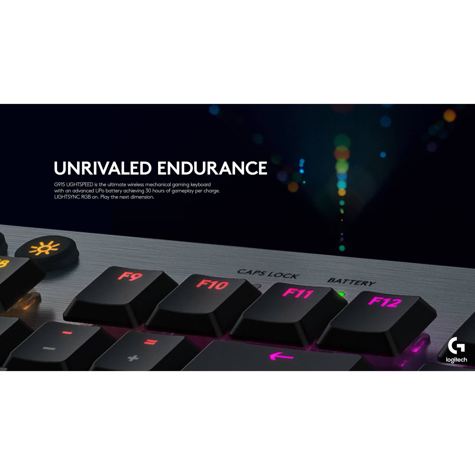 Logitech G915 wireless mechanical gaming keyboard with clicky switches and RGB backlighting