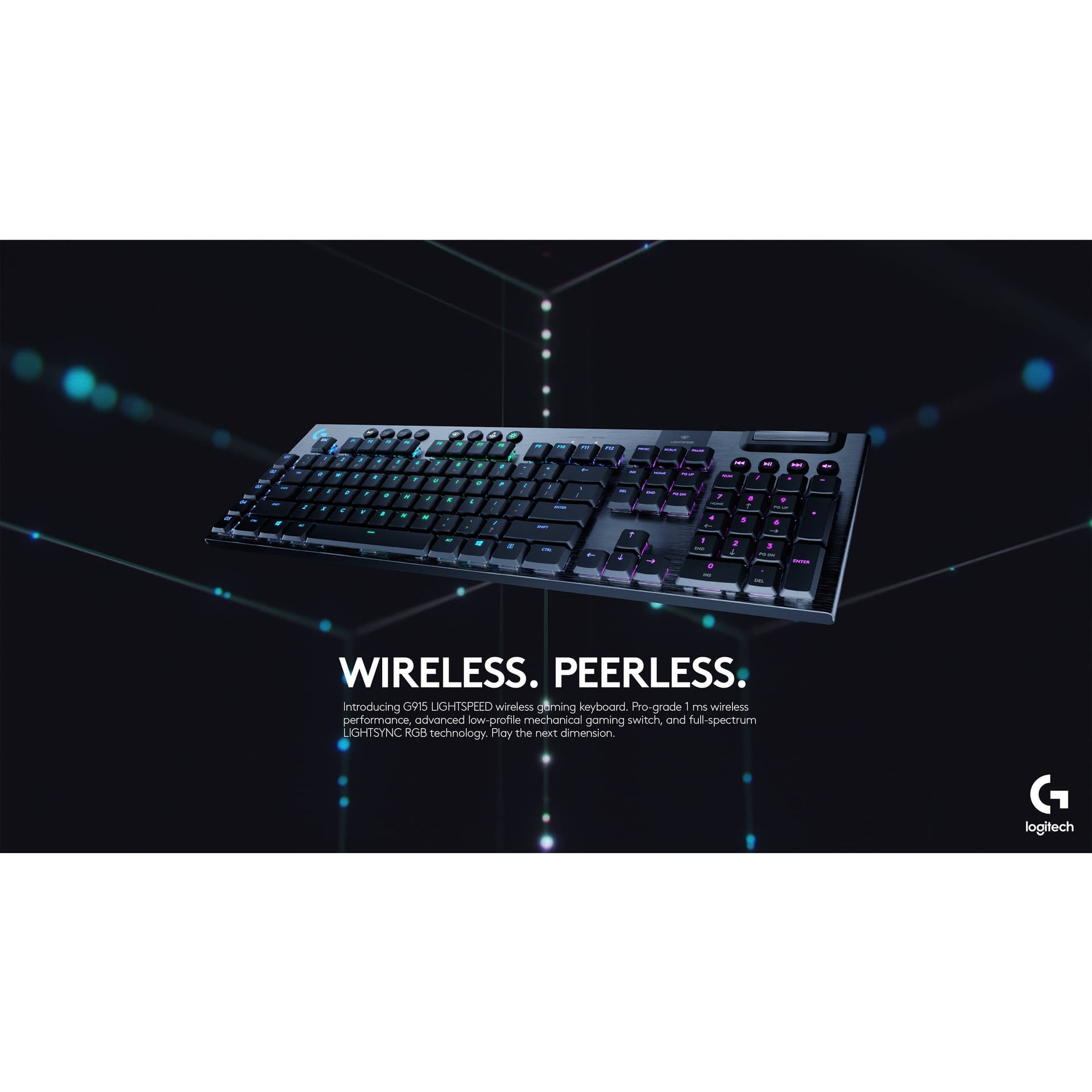Logitech G915 wireless mechanical gaming keyboard with clicky switches and RGB backlighting