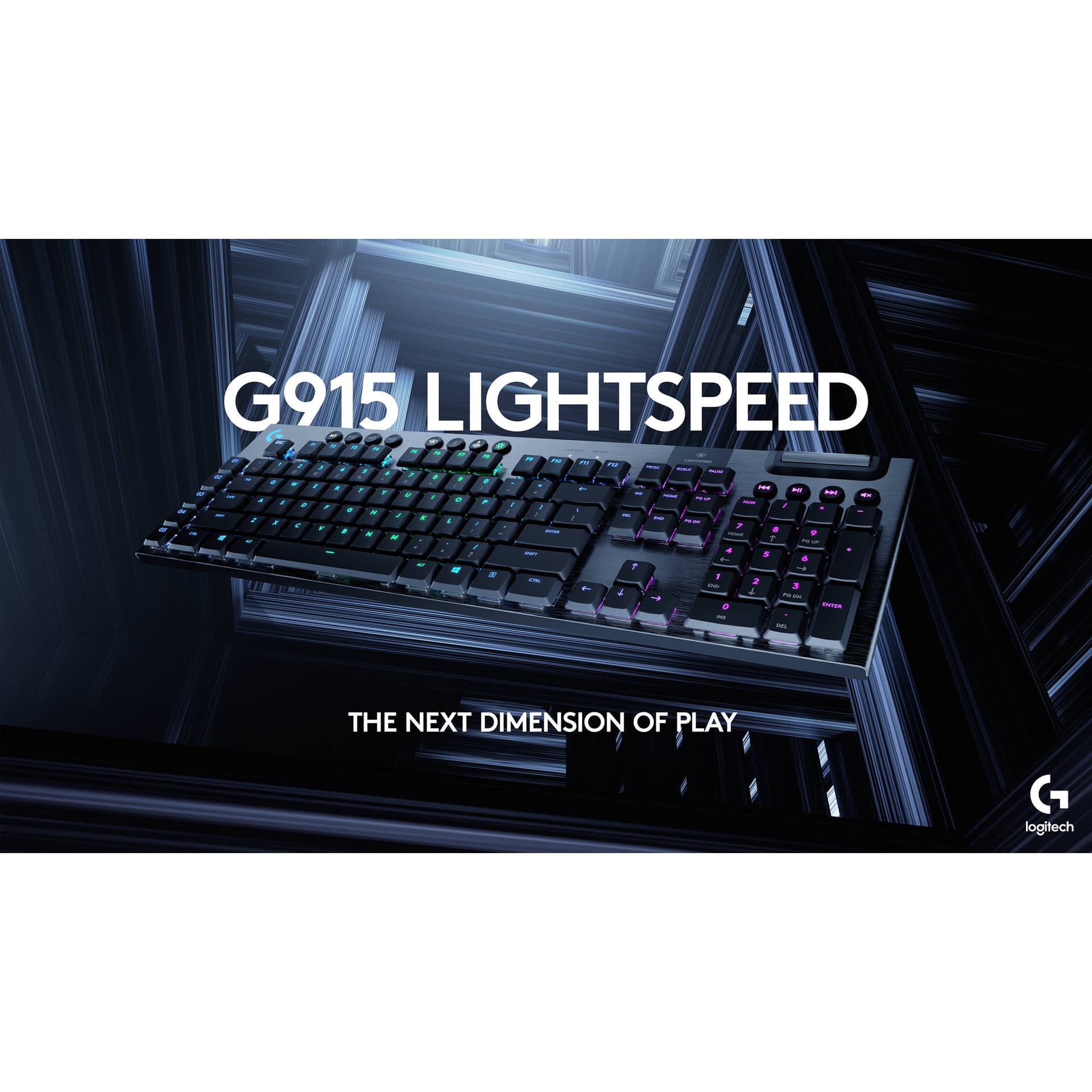 Logitech G915 wireless mechanical gaming keyboard with clicky switches and RGB backlighting