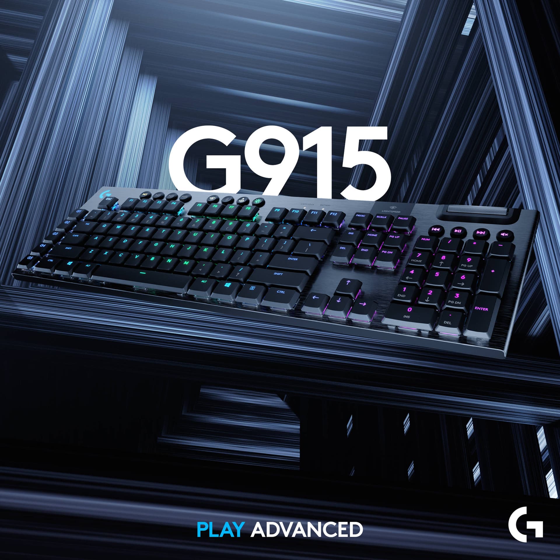 Logitech G915 wireless mechanical gaming keyboard with clicky switches and RGB backlighting