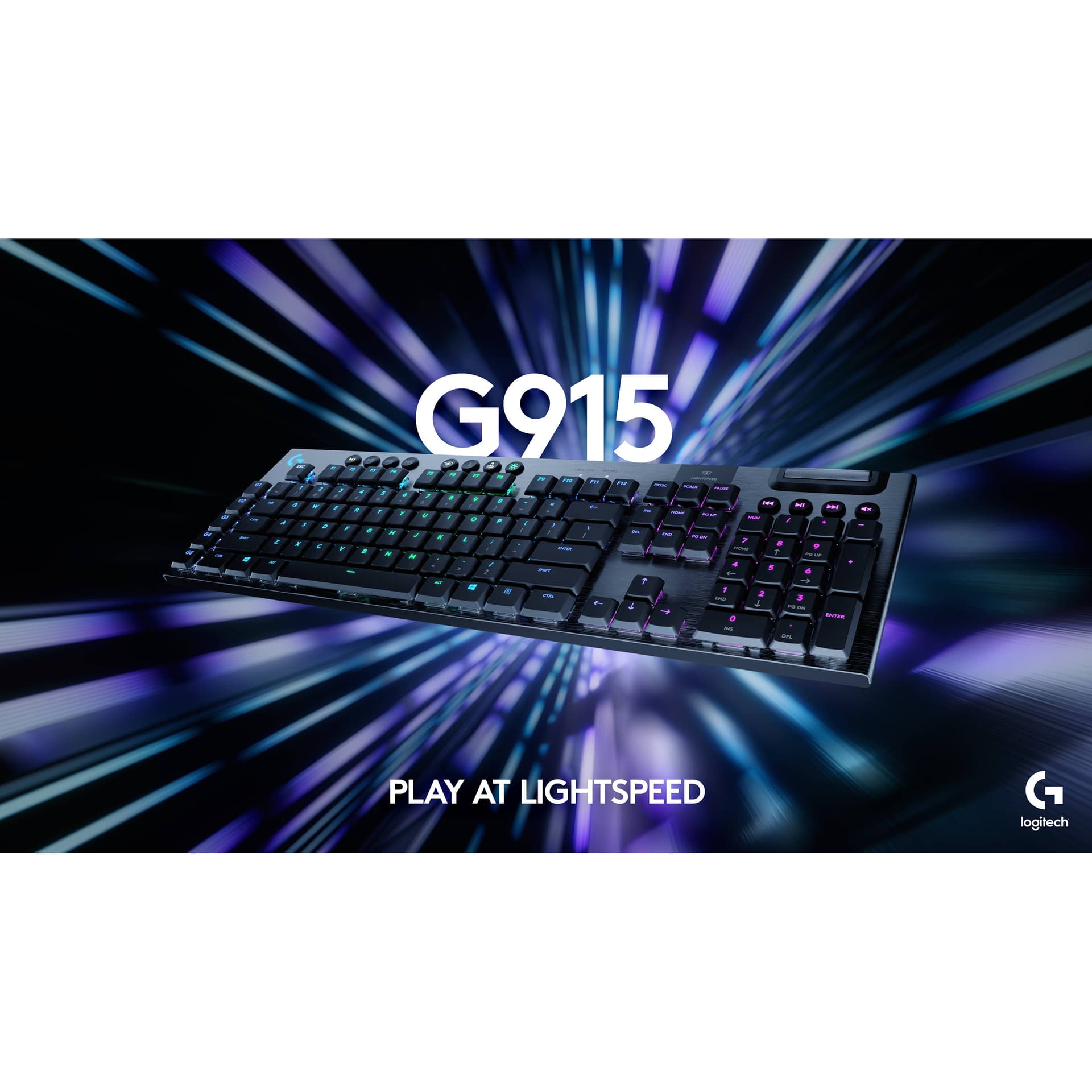 Logitech G915 wireless mechanical gaming keyboard with clicky switches and RGB backlighting