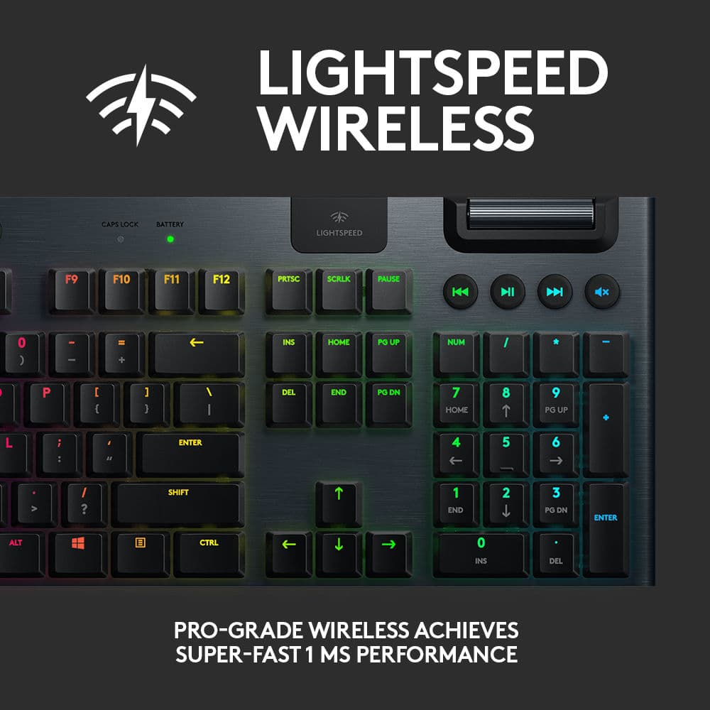 Logitech G915 wireless mechanical gaming keyboard with clicky switches and RGB backlighting