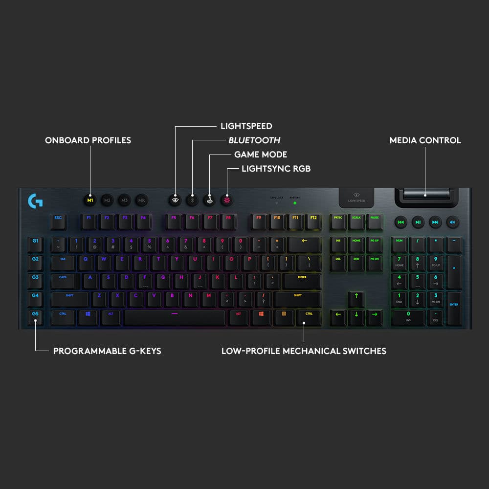 Logitech G915 wireless mechanical gaming keyboard with clicky switches and RGB backlighting