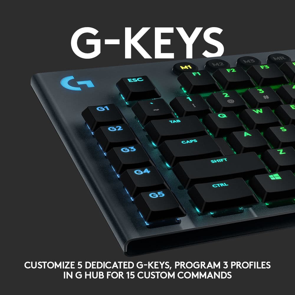 Logitech G915 wireless mechanical gaming keyboard with clicky switches and RGB backlighting