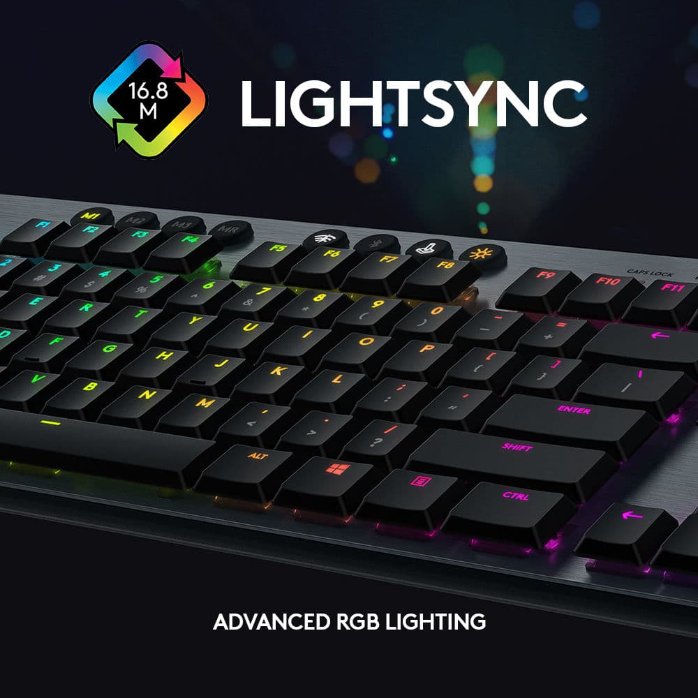 Logitech G915 wireless mechanical gaming keyboard with clicky switches and RGB backlighting