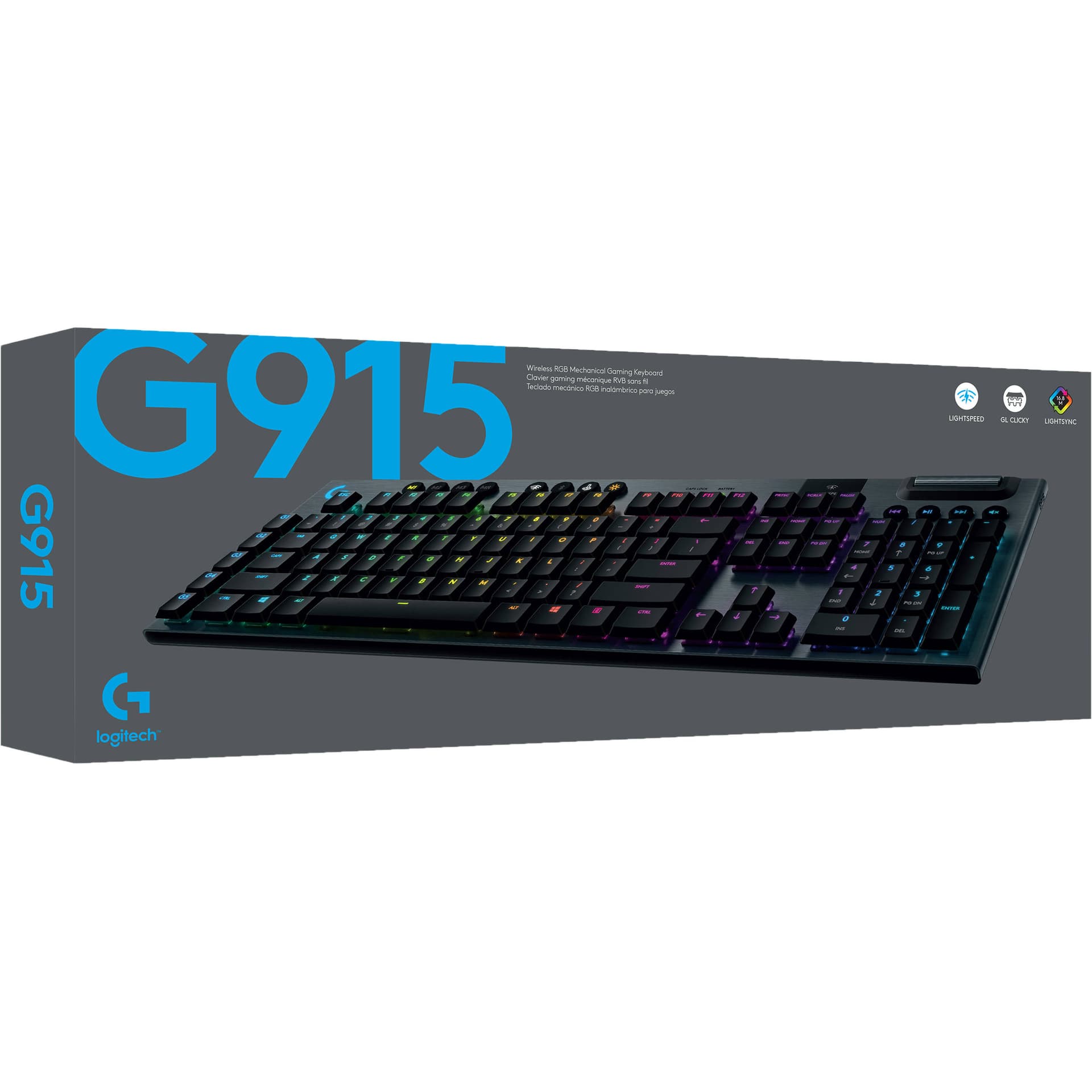 Logitech G915 wireless mechanical gaming keyboard with clicky switches and RGB backlighting