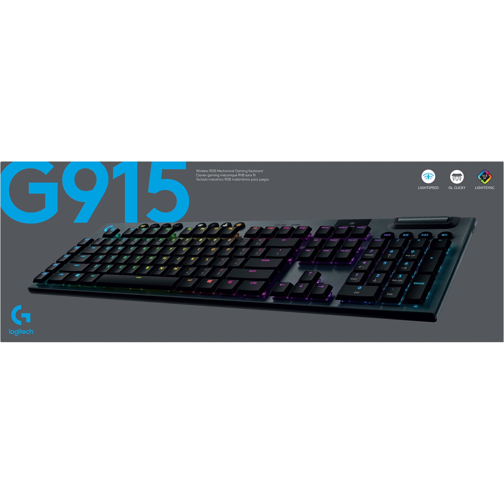 Logitech G915 wireless mechanical gaming keyboard with clicky switches and RGB backlighting