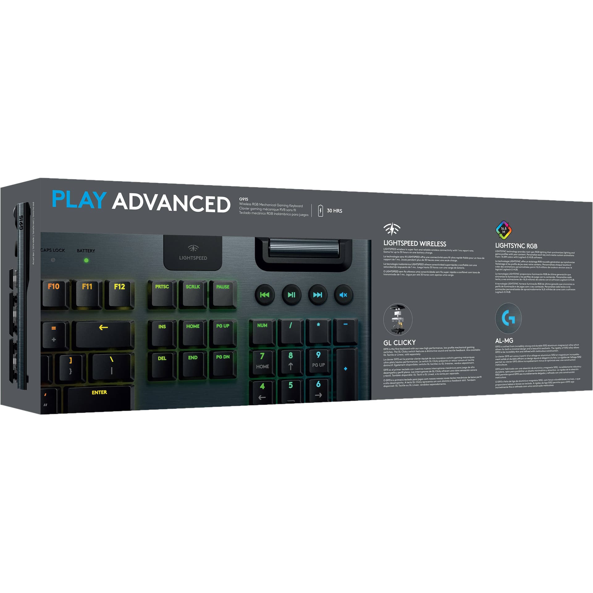 Logitech G915 wireless mechanical gaming keyboard with clicky switches and RGB backlighting