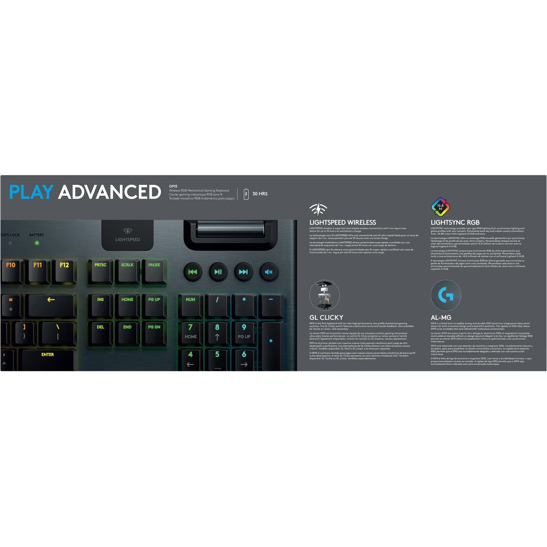 Logitech G915 wireless mechanical gaming keyboard with clicky switches and RGB backlighting