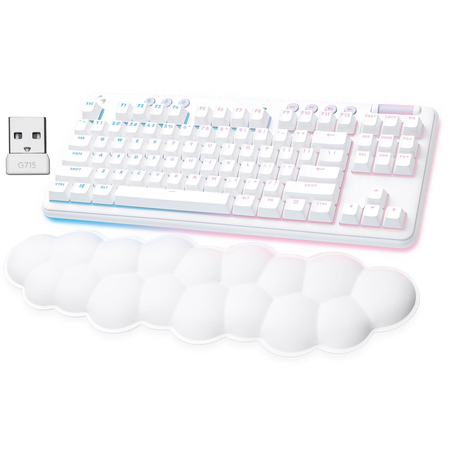 Logitech G715 Linear Wireless Gaming Keyboard in white with compact wireless layout