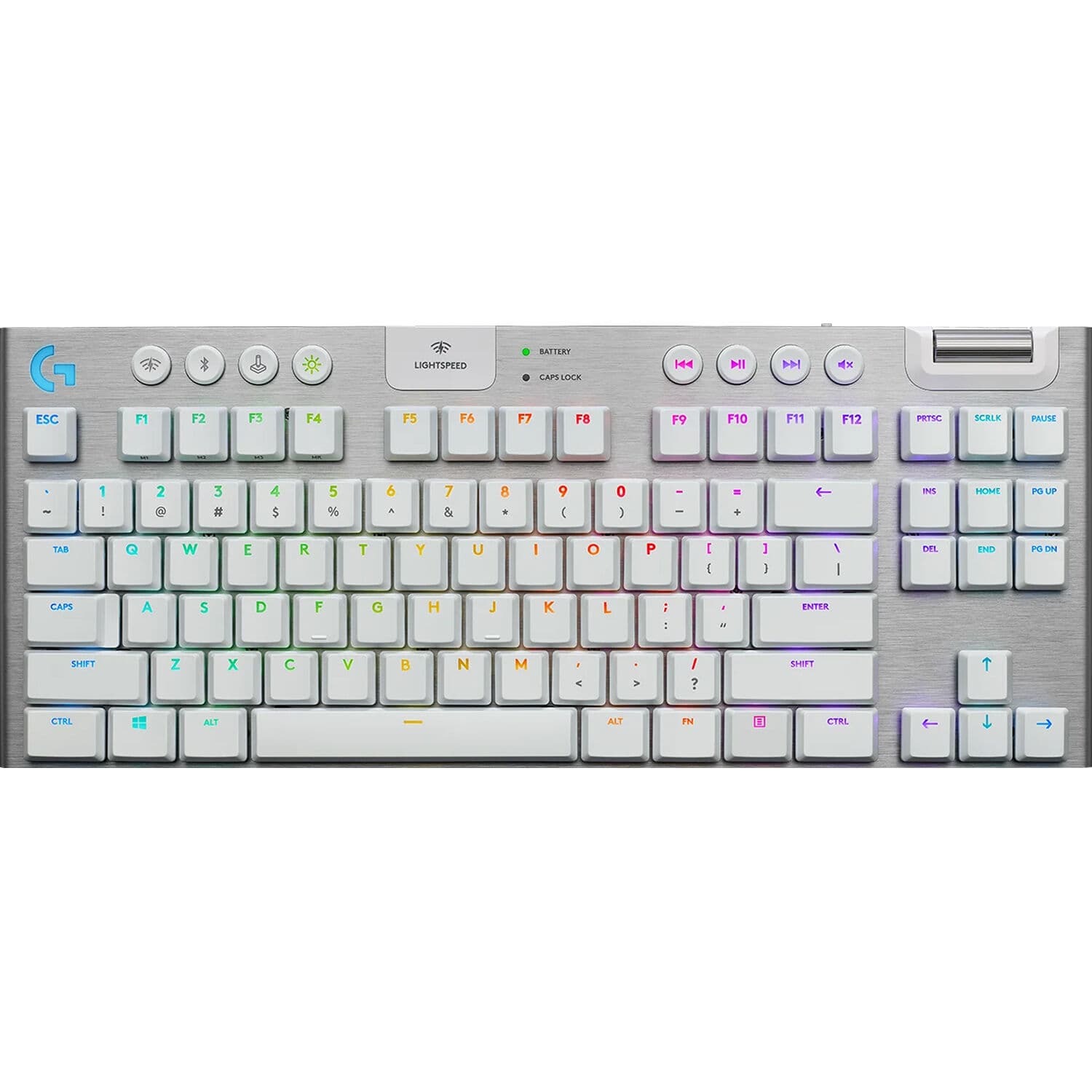 Logitech G915 TKL wireless tenkeyless mechanical keyboard in white with low-profile keys and RGB lighting