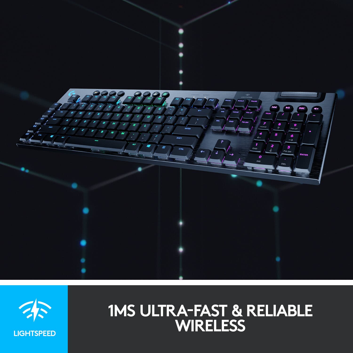 Logitech G915 TKL wireless tenkeyless mechanical keyboard in white with low-profile keys and RGB lighting