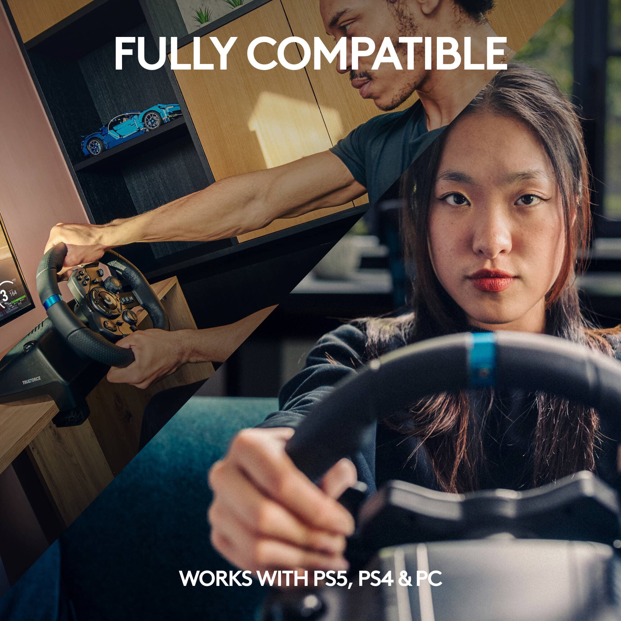 Logitech G923 racing wheel and pedals in black for PS5, PS4, and PC