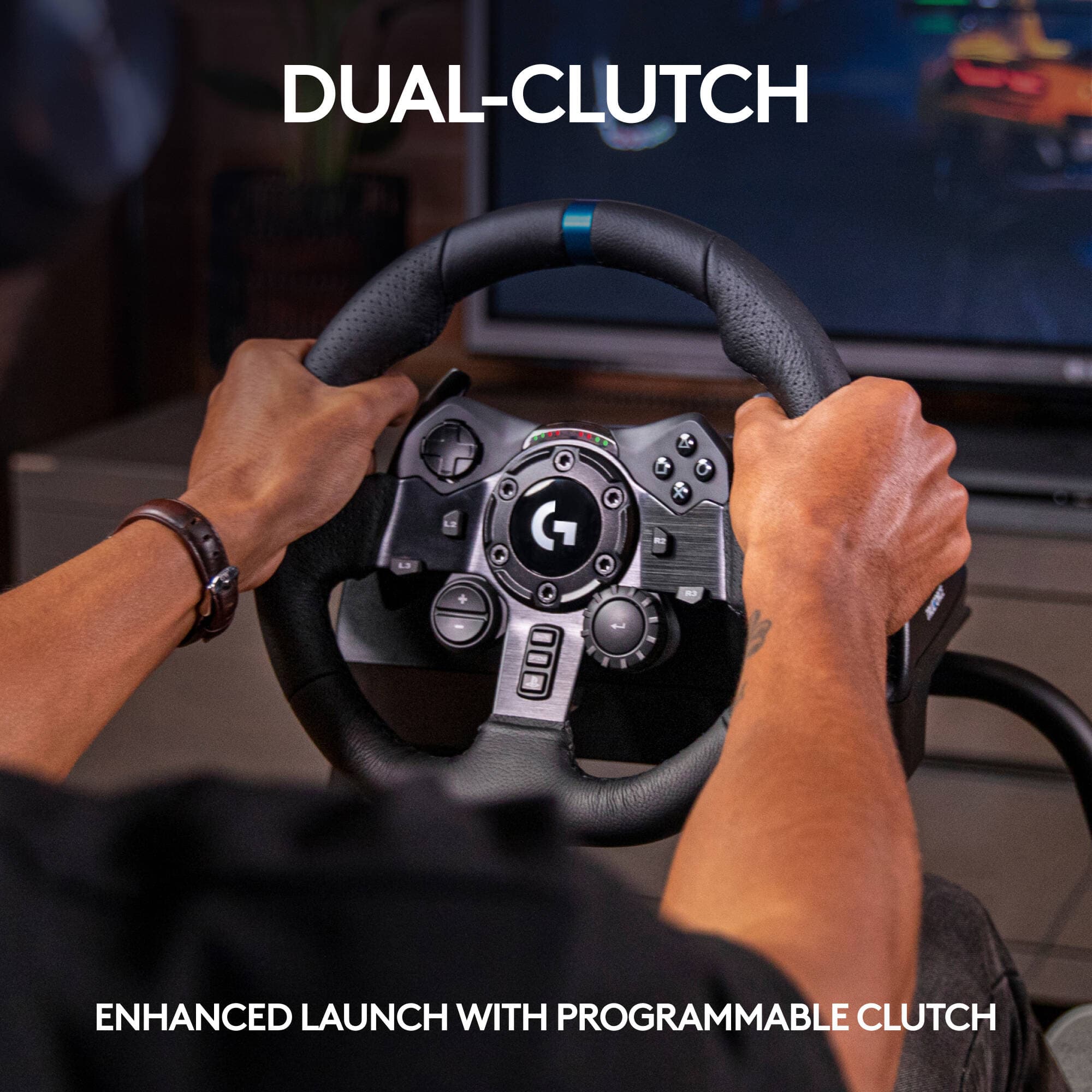 Logitech G923 racing wheel and pedals in black for PS5, PS4, and PC