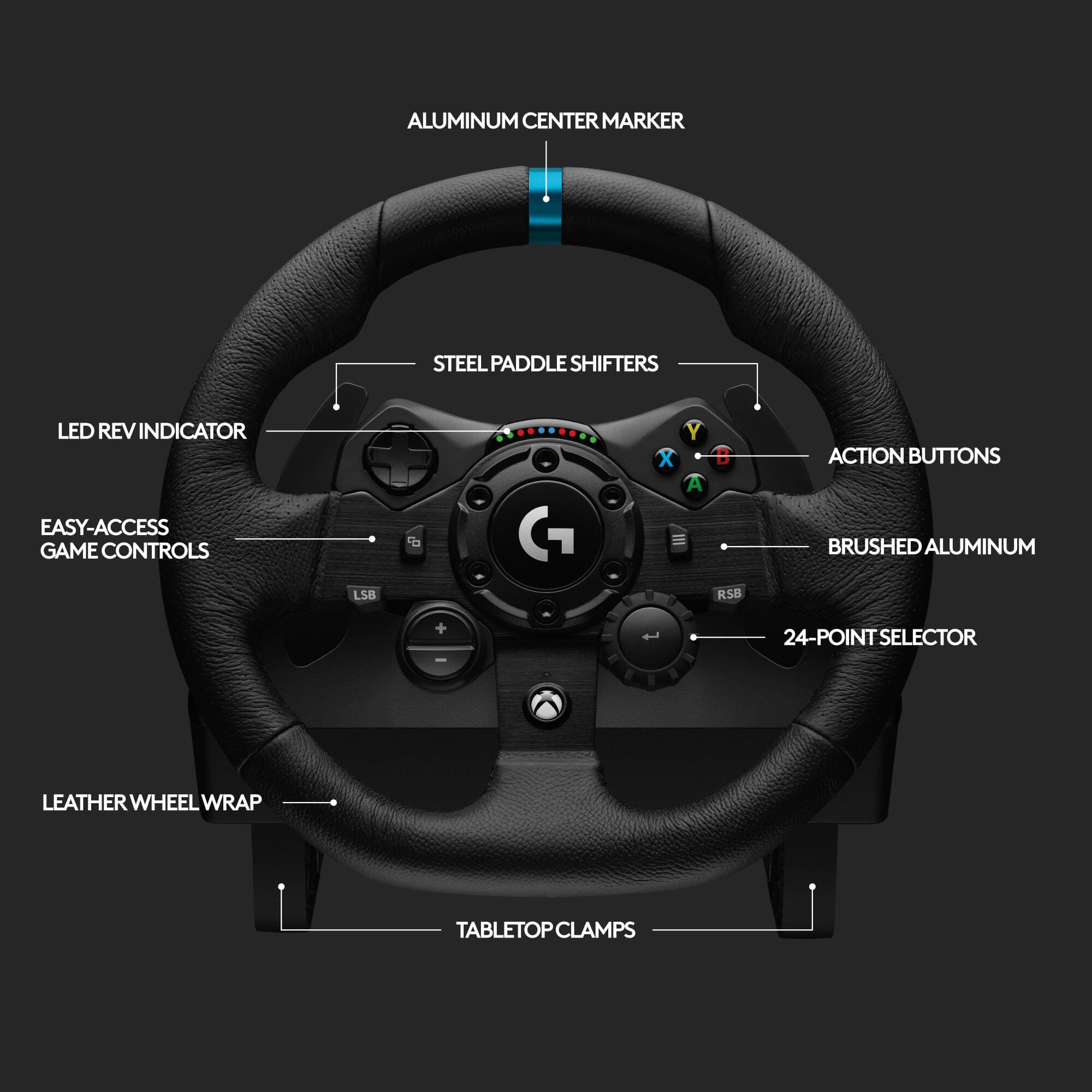 Logitech G923 racing wheel and pedals in black for Xbox Series X|S, Xbox One, and PC
