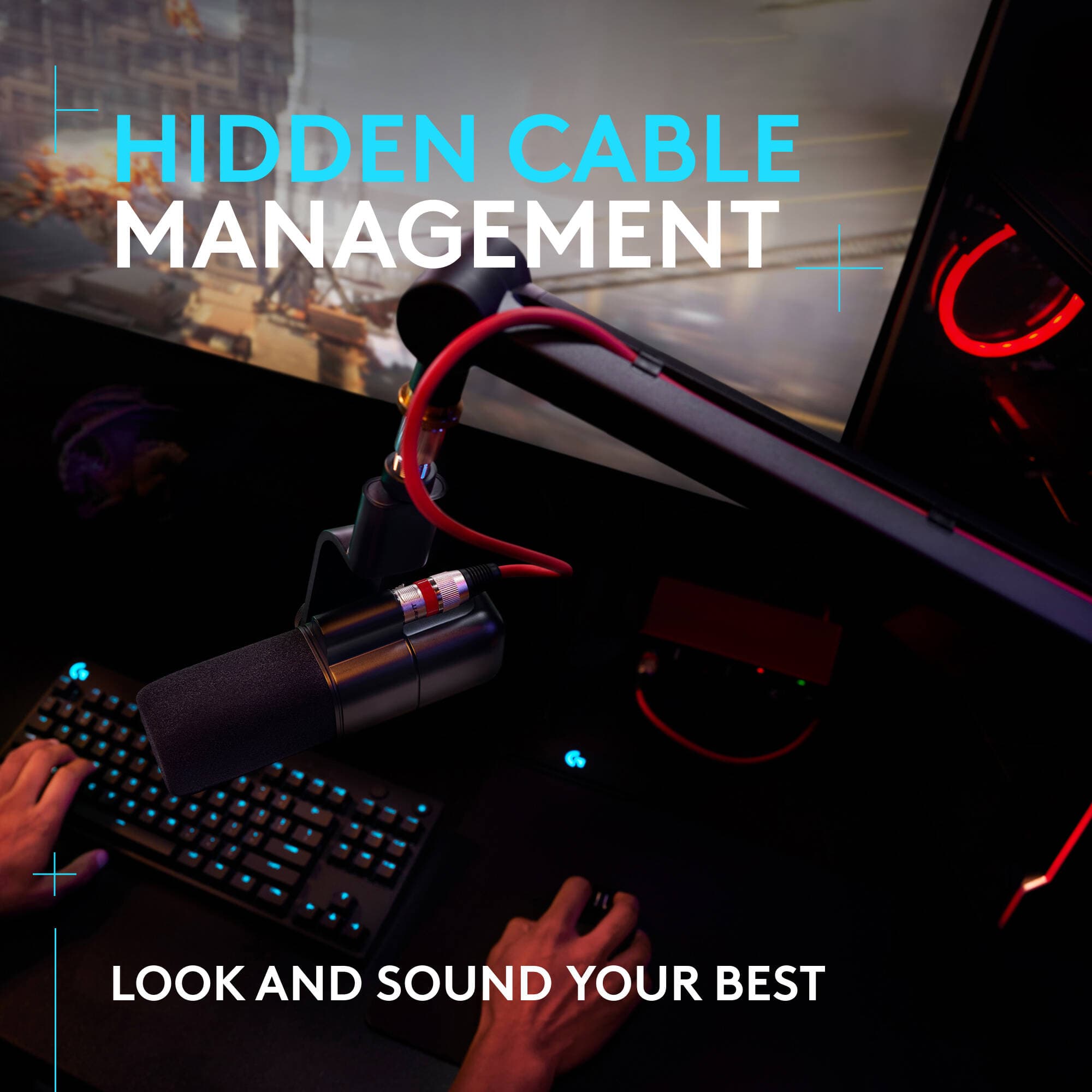 Logitech G Blue Compass black desktop microphone boom arm with cable management