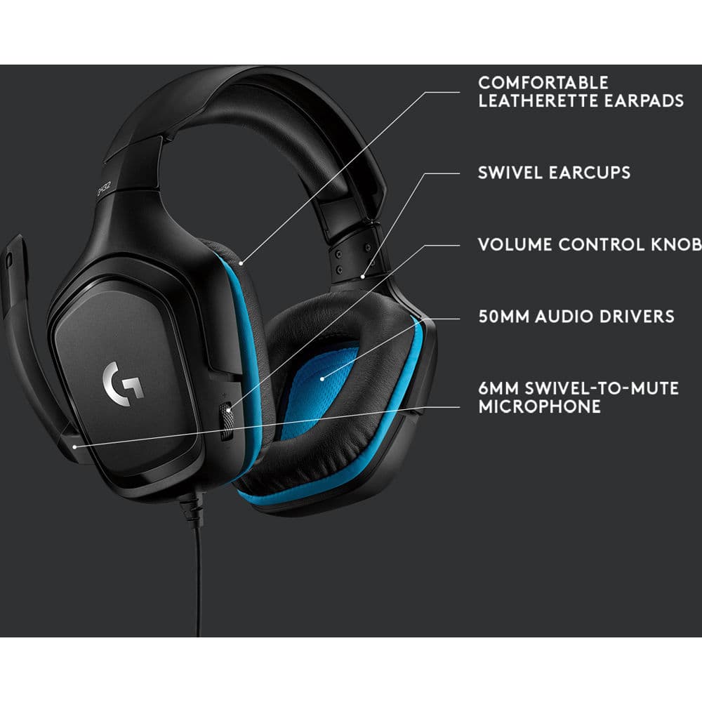 Logitech G432 wired gaming headset in black with over-the-head circumaural ear cups and boom microphone