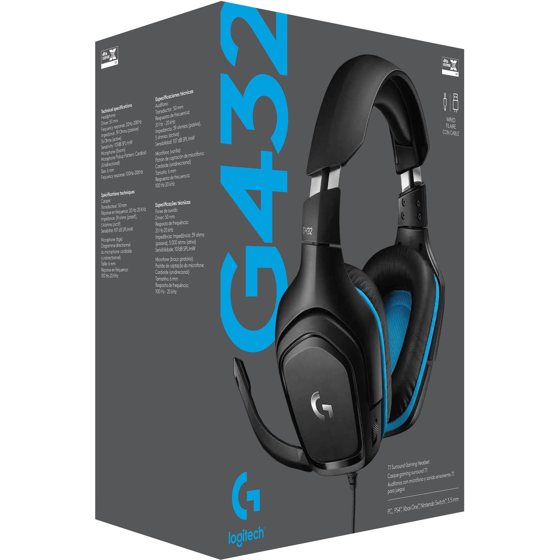 Logitech G432 wired gaming headset in black with over-the-head circumaural ear cups and boom microphone