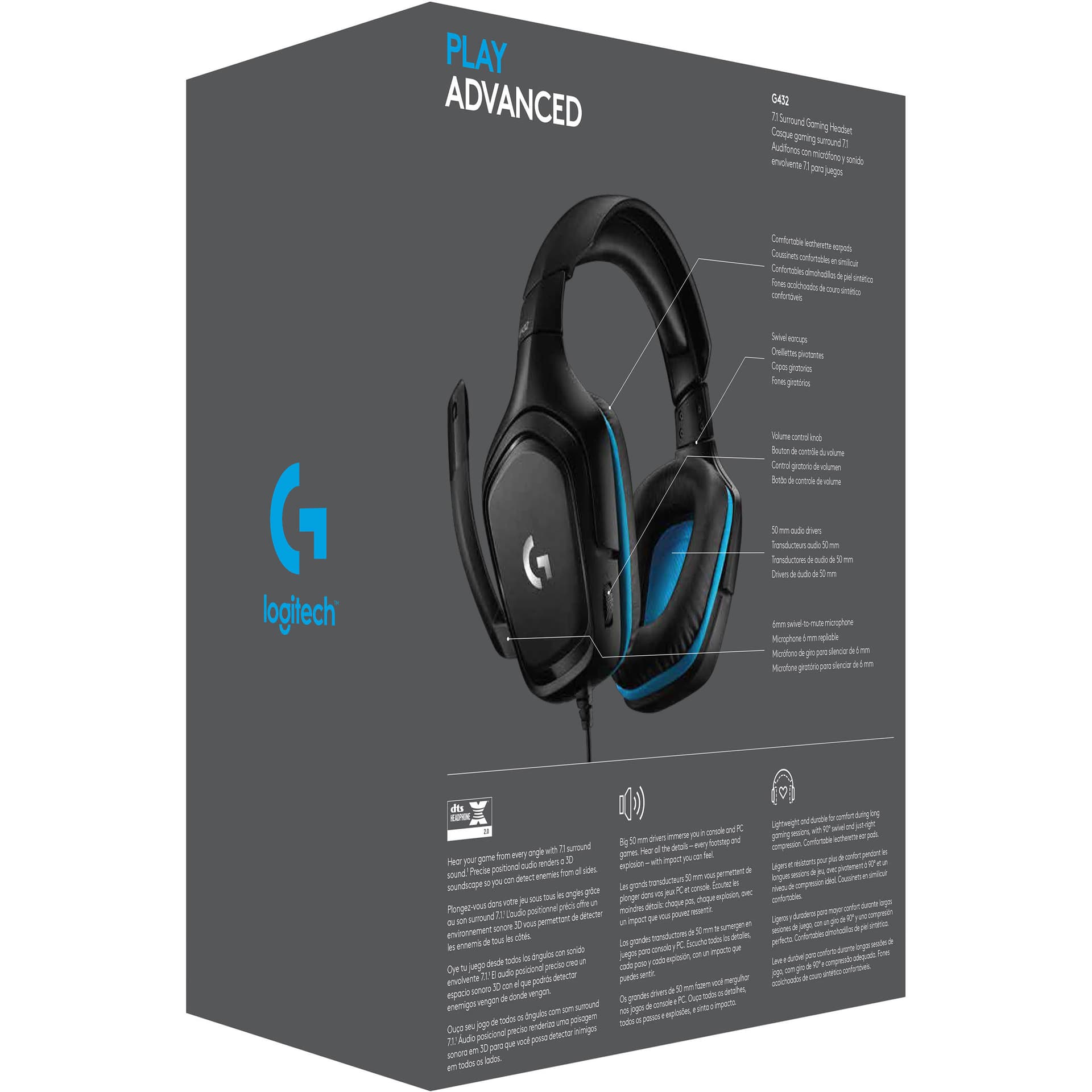 Logitech G432 wired gaming headset in black with over-the-head circumaural ear cups and boom microphone