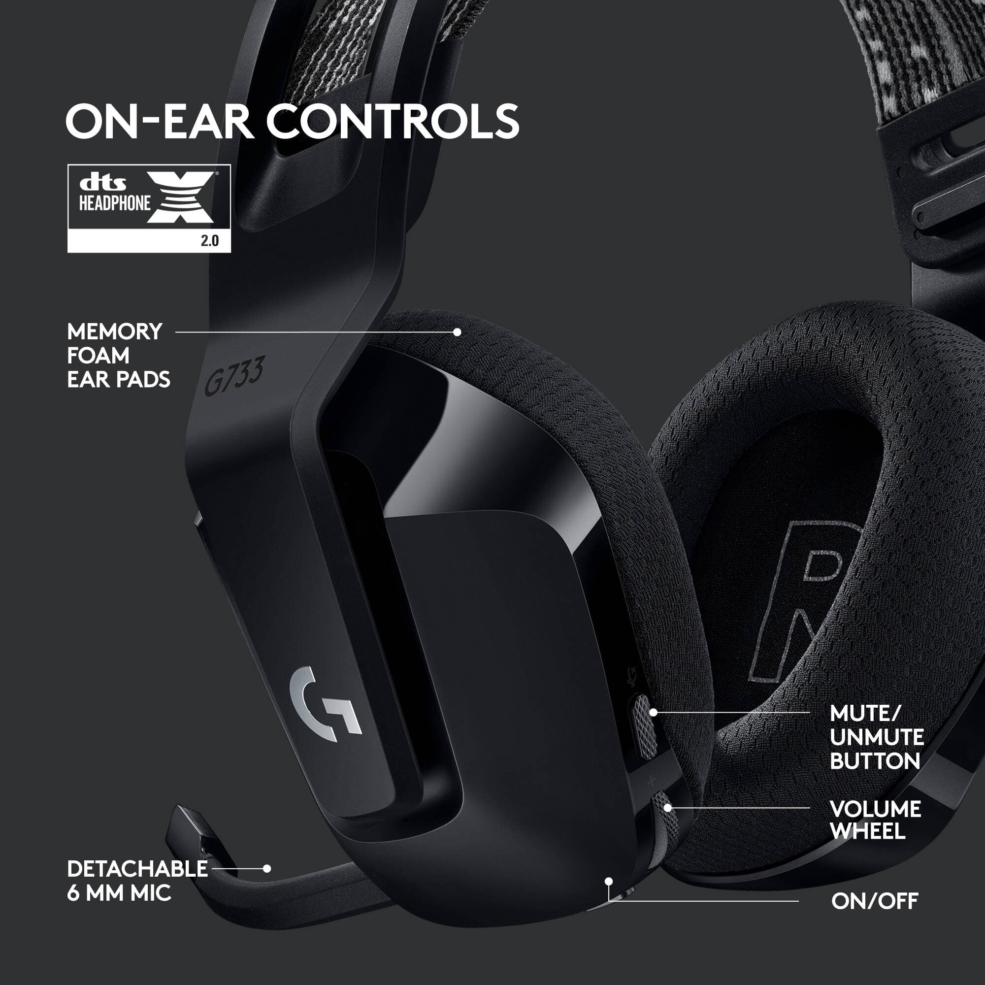 Logitech G733 LIGHTSPEED wireless gaming headset in black with RGB lighting and detachable microphone