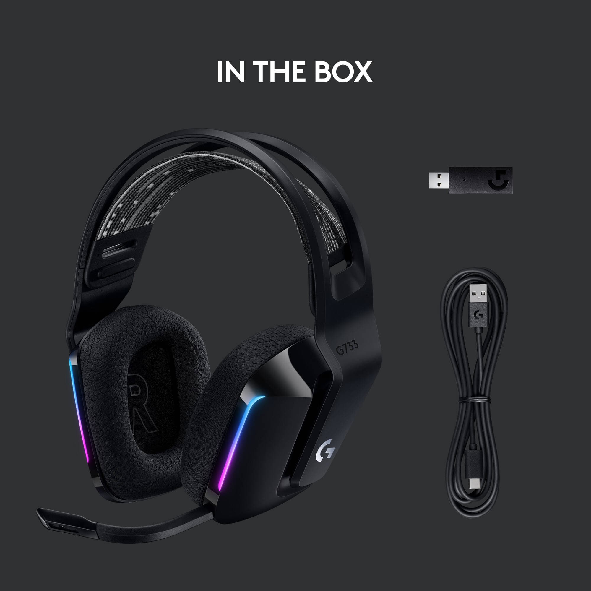 Logitech G733 LIGHTSPEED wireless gaming headset in black with RGB lighting and detachable microphone
