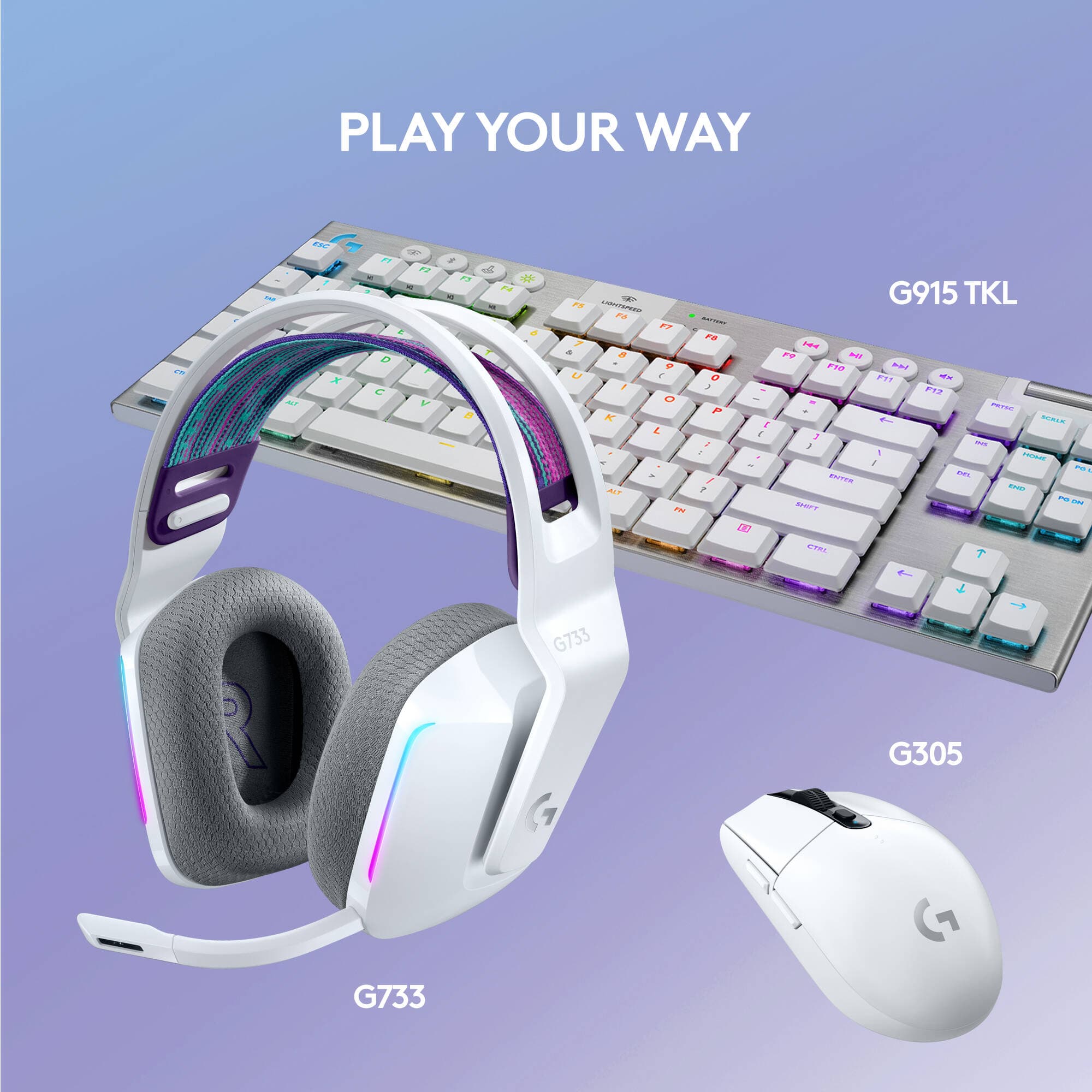 White Logitech G733 LIGHTSPEED wireless gaming headset with detachable microphone and RGB lighting